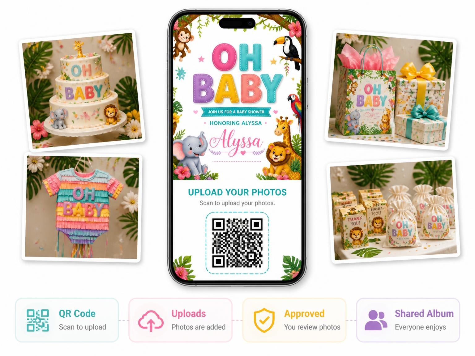 The shared photo gallery that comes with the Jungle Tree Baby Shower Invitation invitation