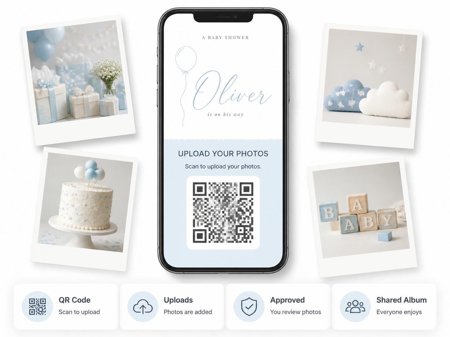 The shared photo gallery that comes with the Dusty Blue Line-Art Balloon Shower invitation
