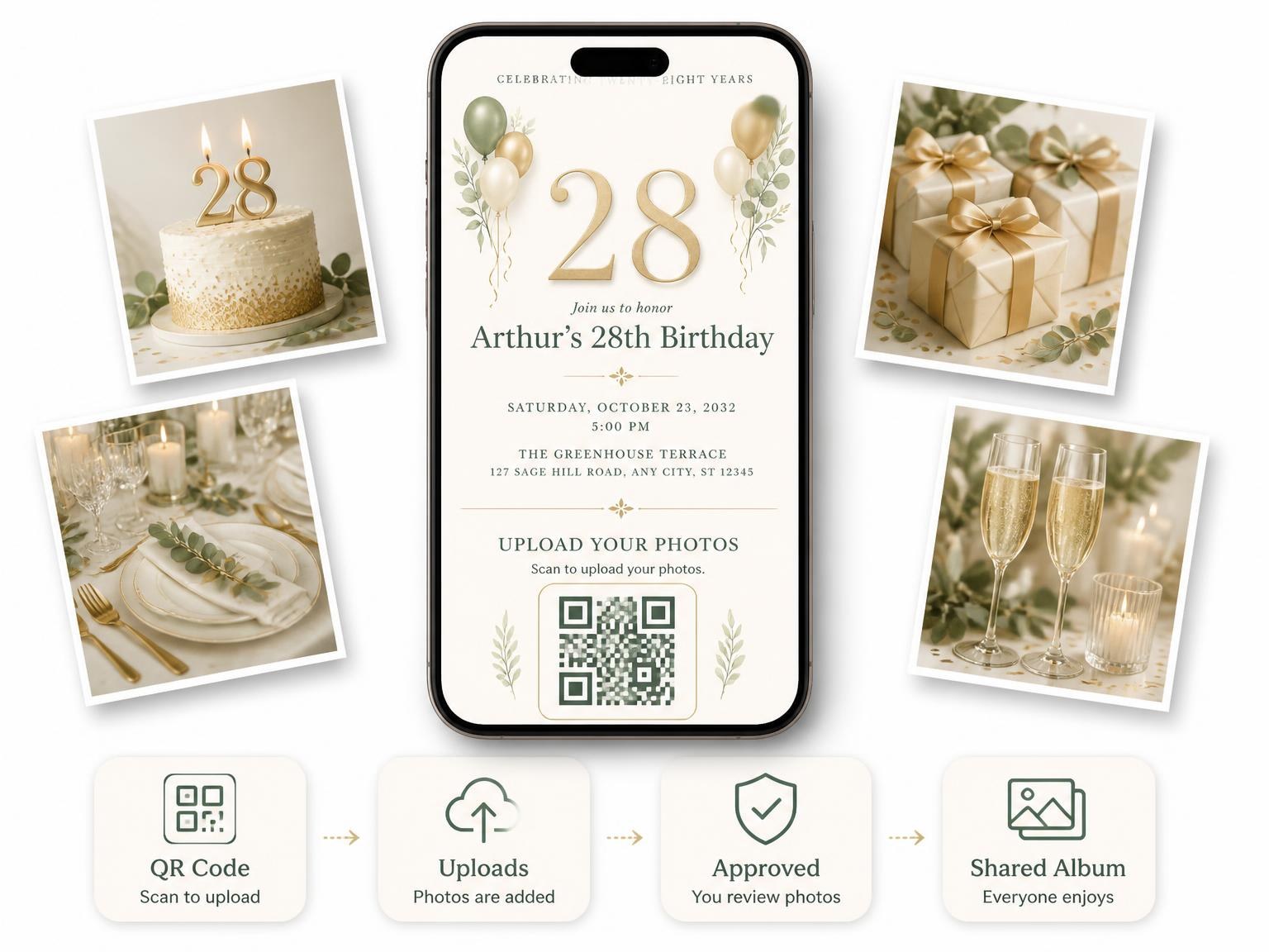 The shared photo gallery that comes with the Sage and Ivory 28th Birthday Invitation invitation