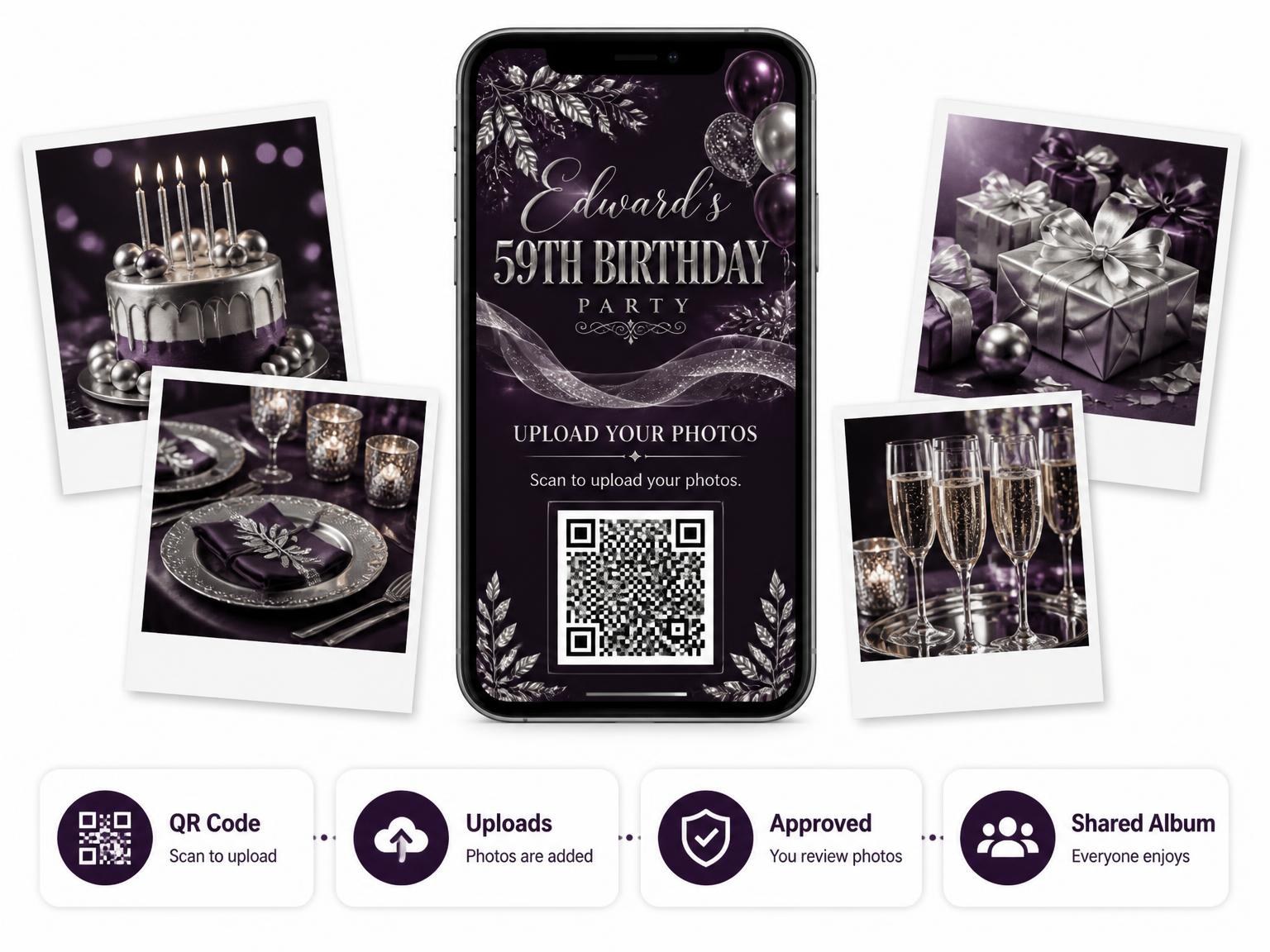The shared photo gallery that comes with the Plum and Silver 59th Birthday Invitation invitation