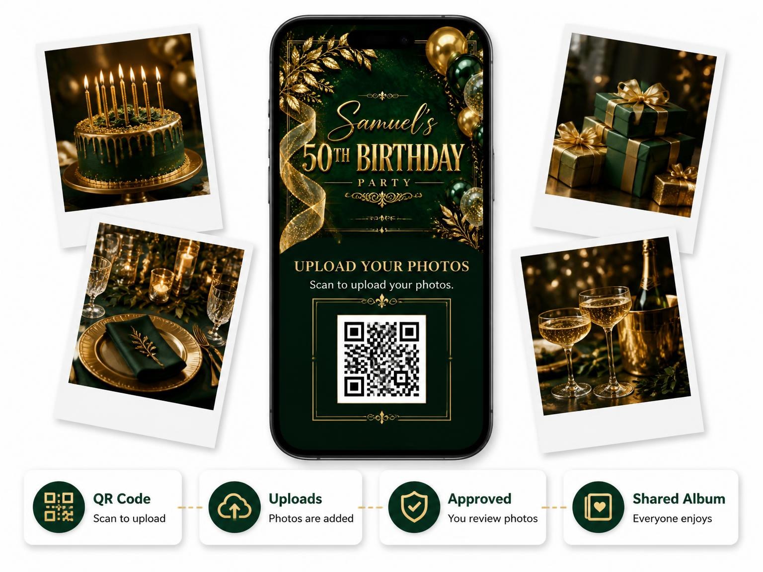 The shared photo gallery that comes with the Emerald and Champagne 50th Birthday Invitation invitation