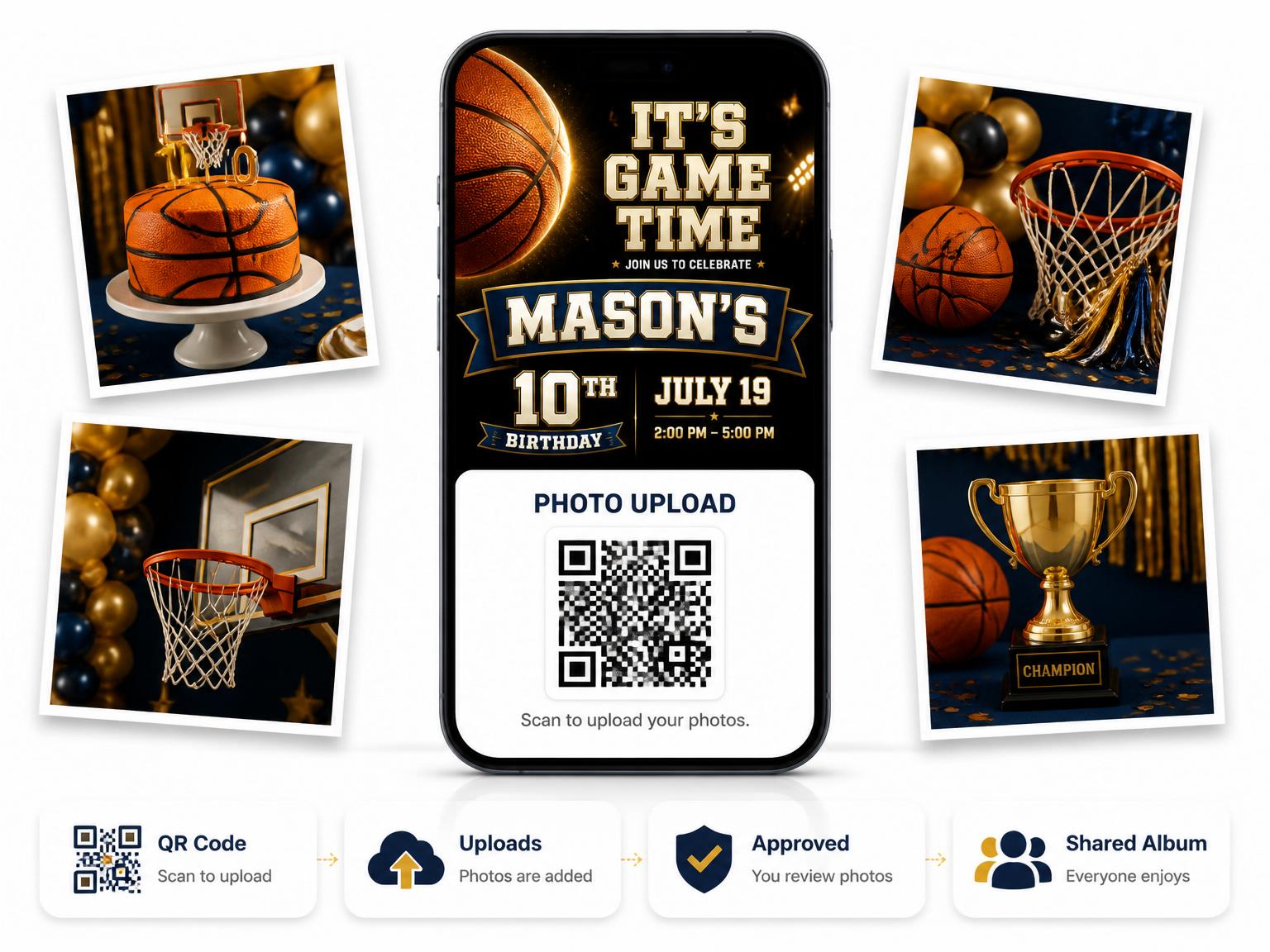 The shared photo gallery that comes with the Championship Court Basketball Birthday Invitation invitation