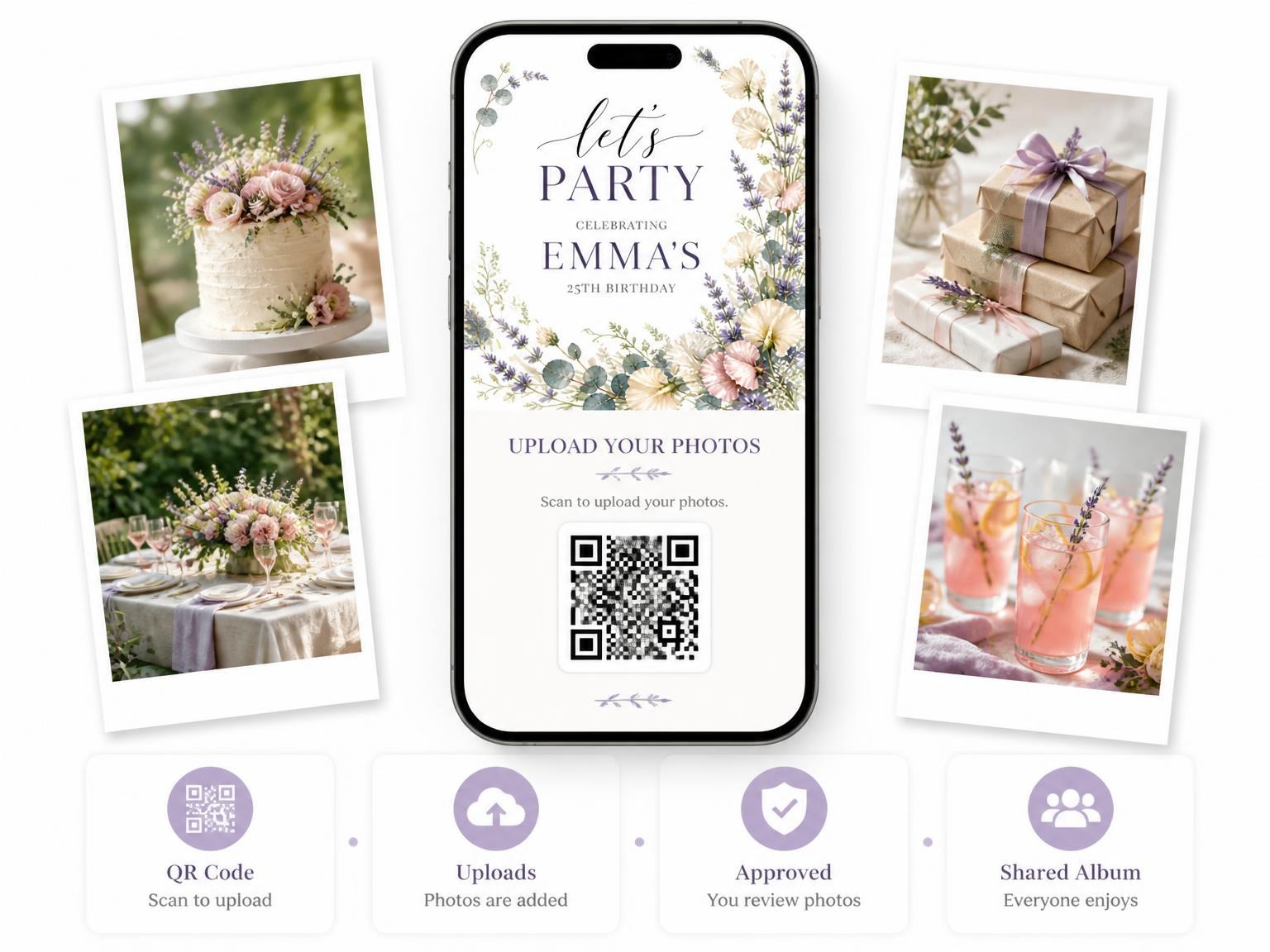 The shared photo gallery that comes with the Botanical Garden Ivory 25th Birthday Invitation invitation