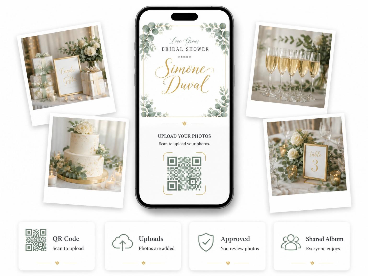 The shared photo gallery that comes with the Watercolor Eucalyptus Gold Bridal Shower invitation