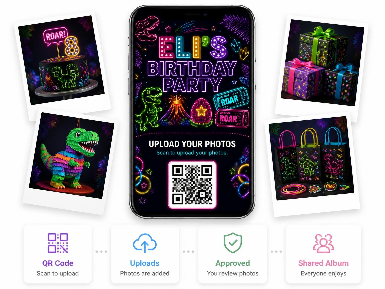 The shared photo gallery that comes with the Neon Dinosaur 8th Birthday Invitation invitation