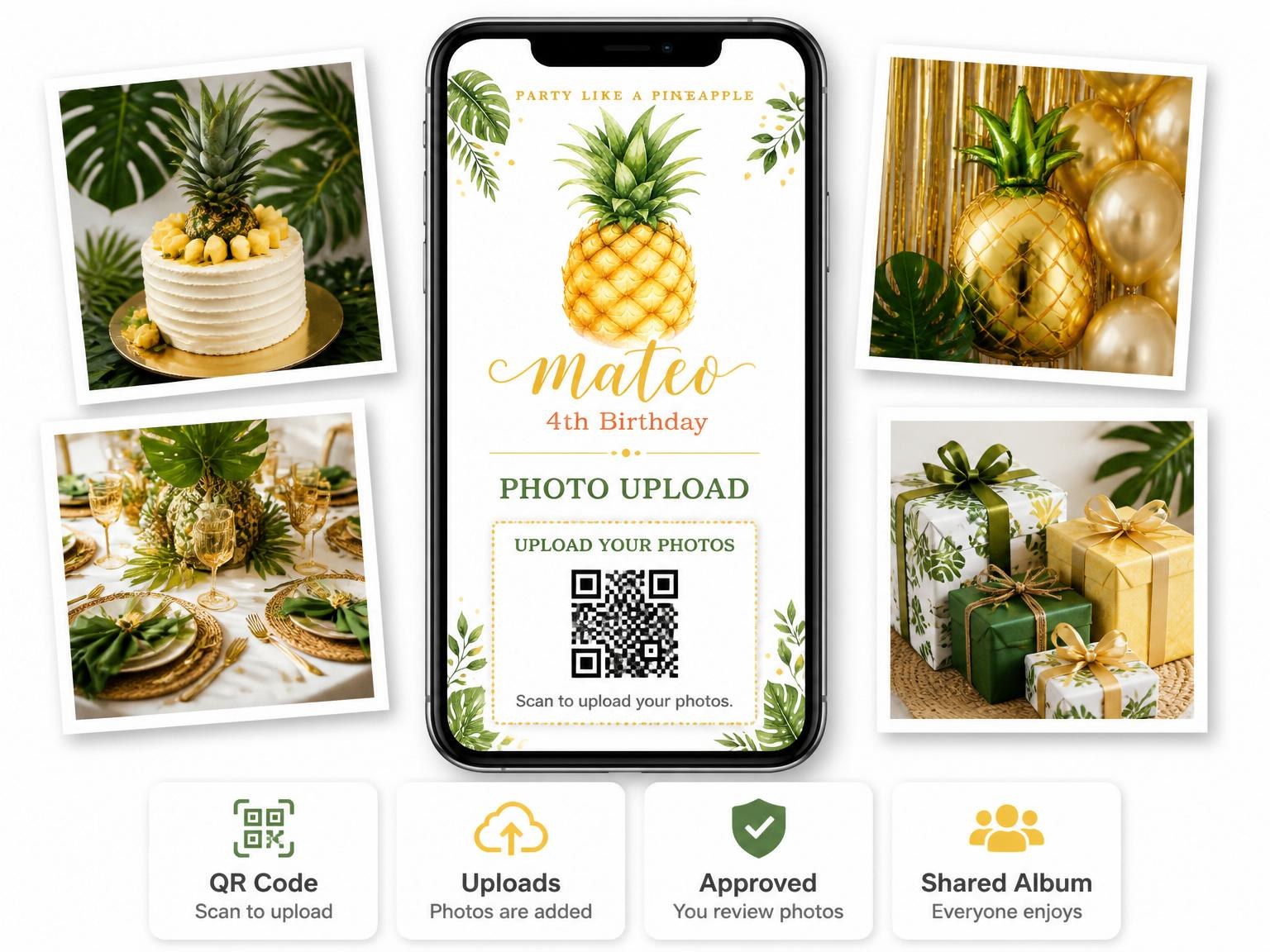 The shared photo gallery that comes with the Watercolor Pineapple Tropical 4th Birthday Invitation invitation