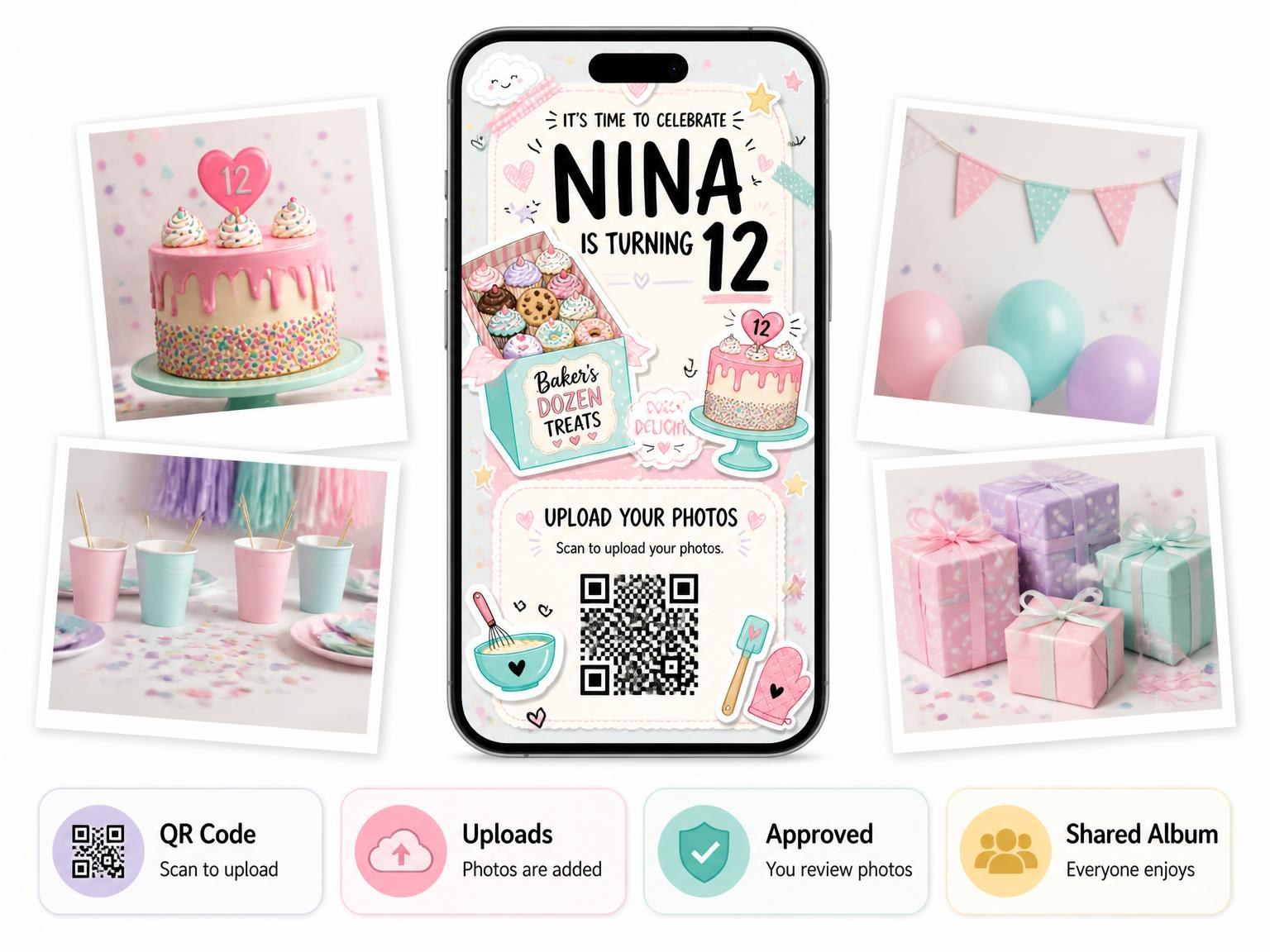 The shared photo gallery that comes with the Treat Box Pastel 12th Birthday Invitation invitation