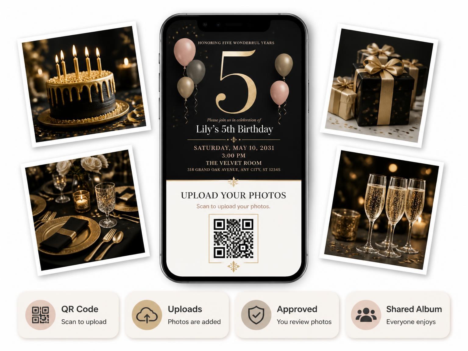 The shared photo gallery that comes with the Charcoal and Blush 5th Birthday Invitation invitation