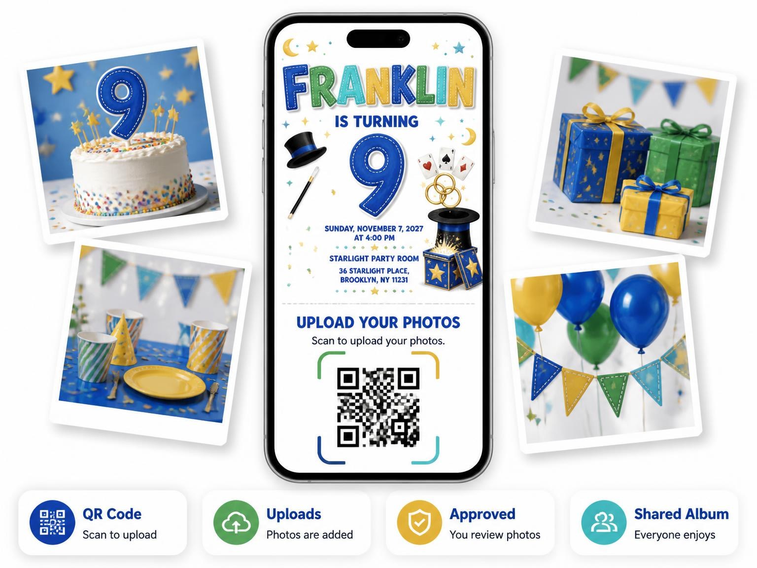 The shared photo gallery that comes with the Magic Props Stitched 9th Birthday Invitation invitation