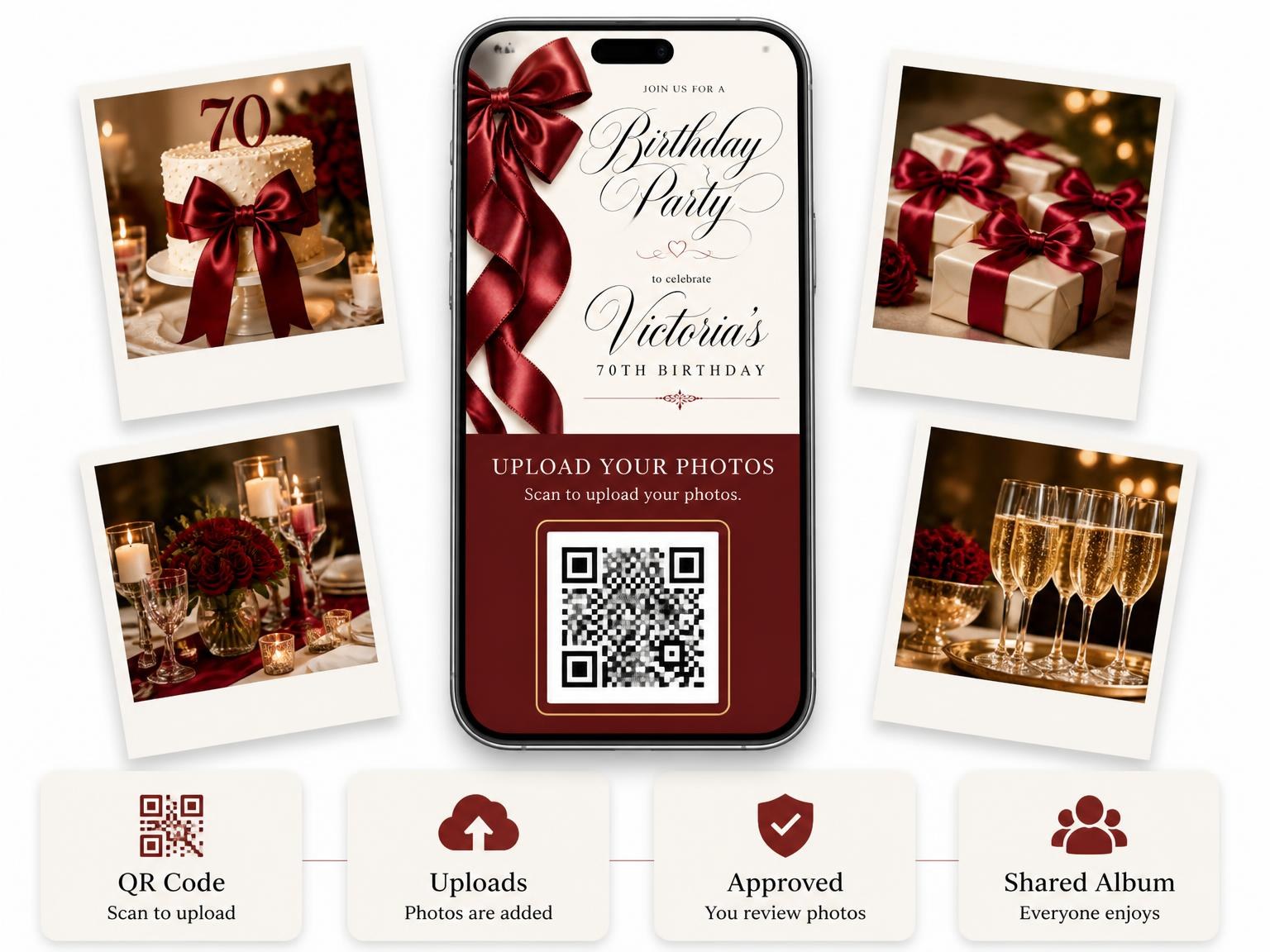 The shared photo gallery that comes with the Burgundy Satin Bow 70th Birthday Invitation invitation