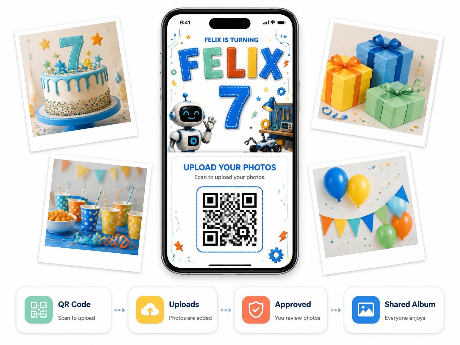 The shared photo gallery that comes with the Maker Workbench 7th Birthday Invitation invitation