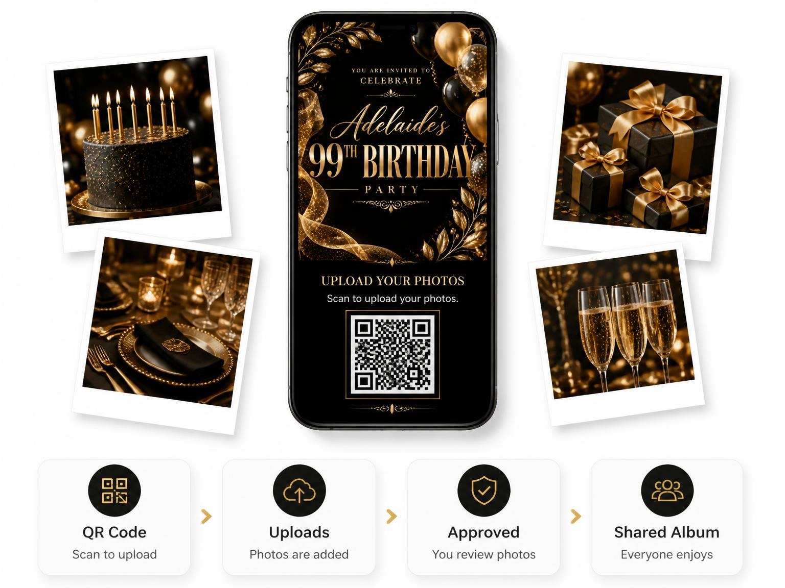 The shared photo gallery that comes with the Black and Gold 99th Birthday Invitation invitation