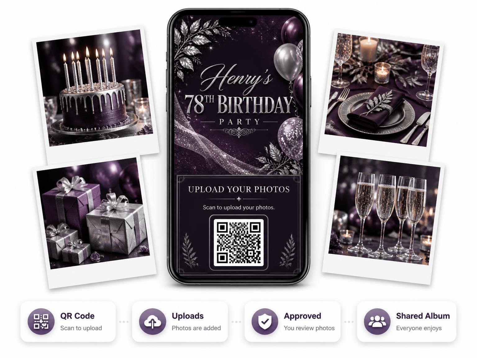 The shared photo gallery that comes with the Plum and Silver 78th Birthday Invitation invitation