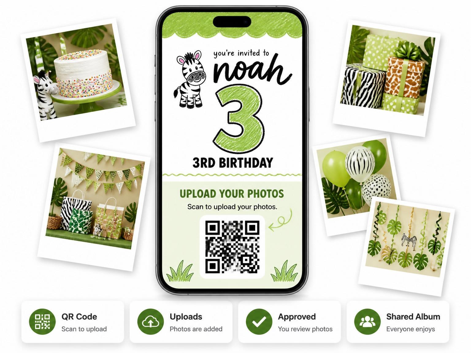 The shared photo gallery that comes with the Crayon Zebra Motif 3rd Birthday invitation