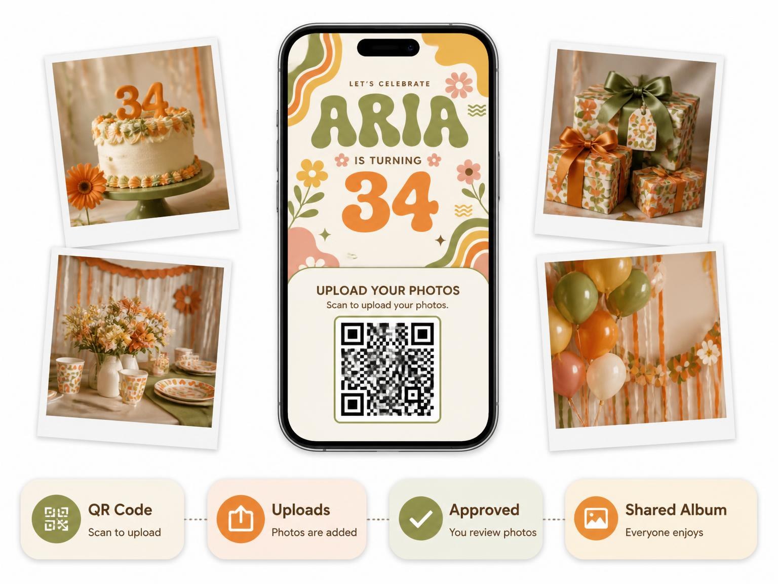 The shared photo gallery that comes with the Groovy Retro 34th Birthday Invitation invitation