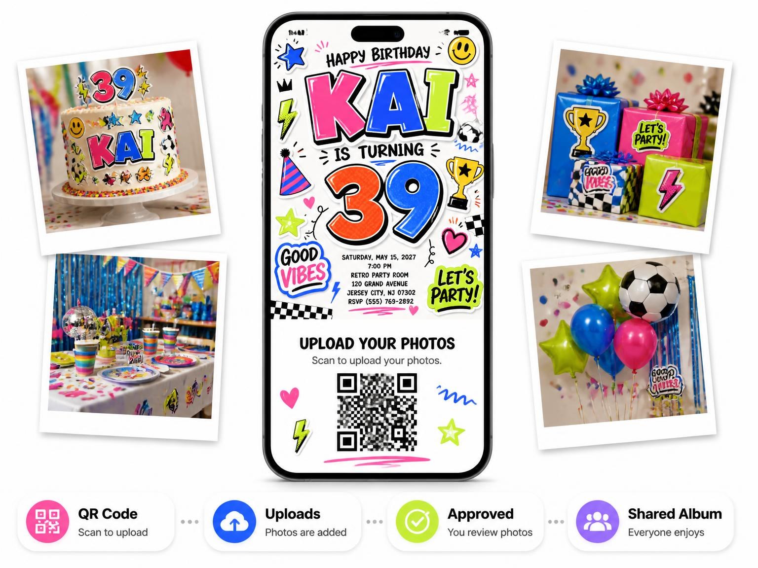 The shared photo gallery that comes with the Sticker Pop 39th Birthday Invitation invitation