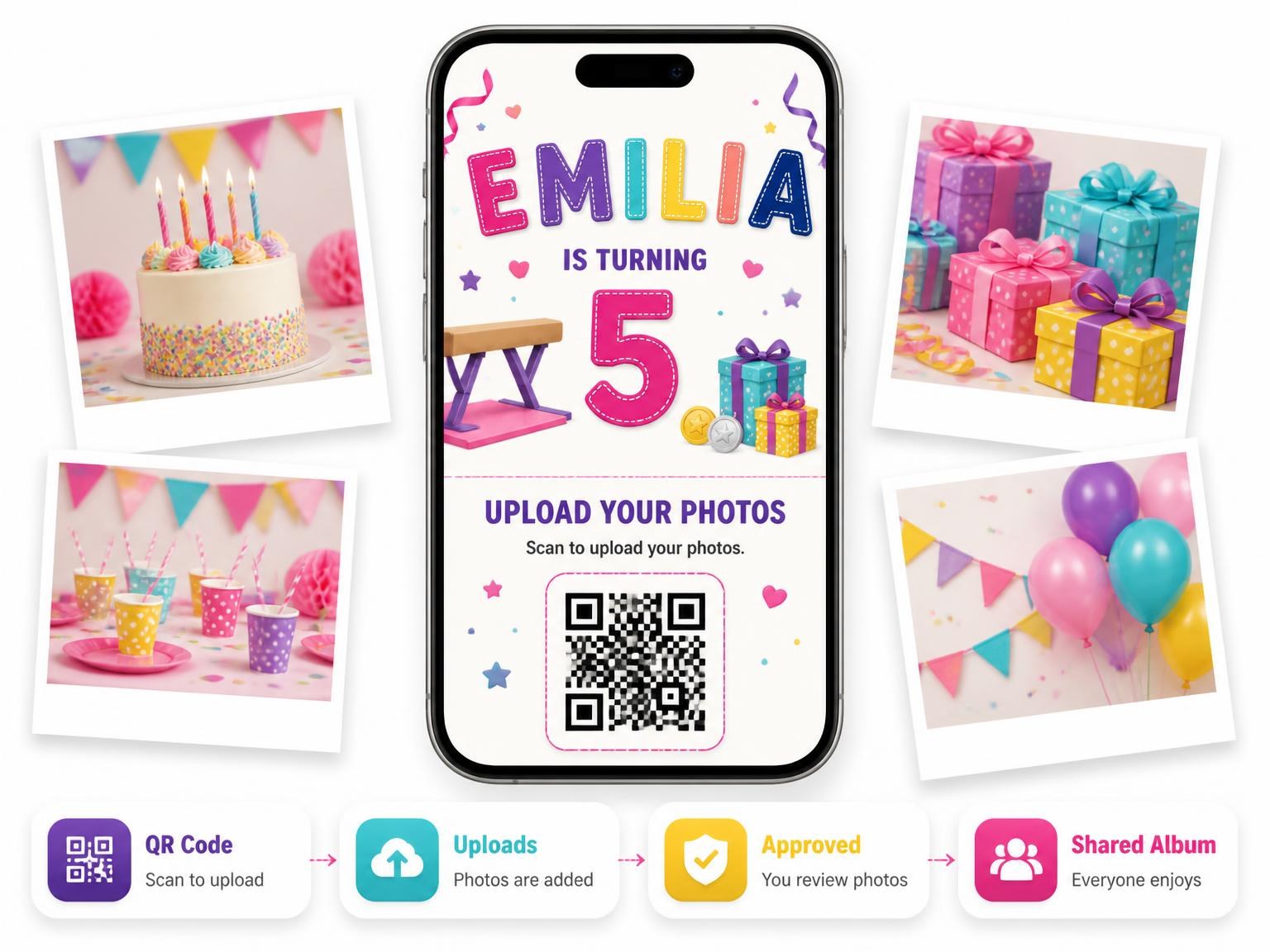 The shared photo gallery that comes with the Balance Beam Stitched 5th Birthday Invitation invitation