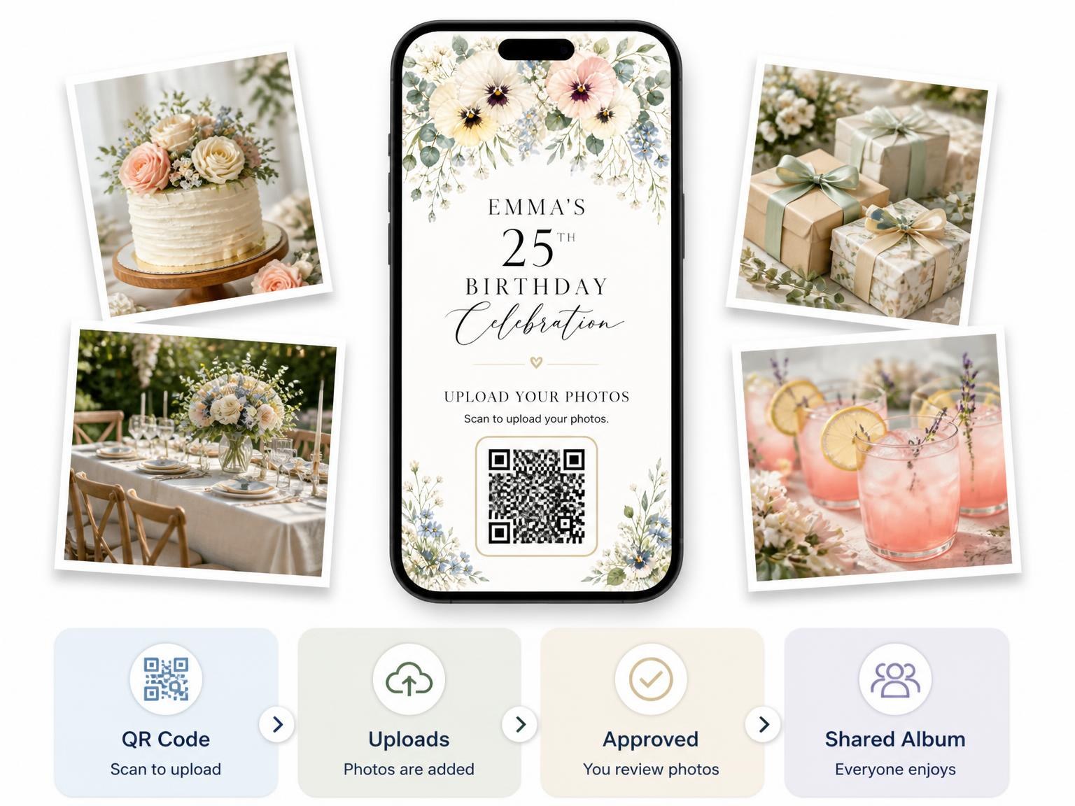 The shared photo gallery that comes with the Ivory Pansy Garden 25th Birthday Invitation invitation