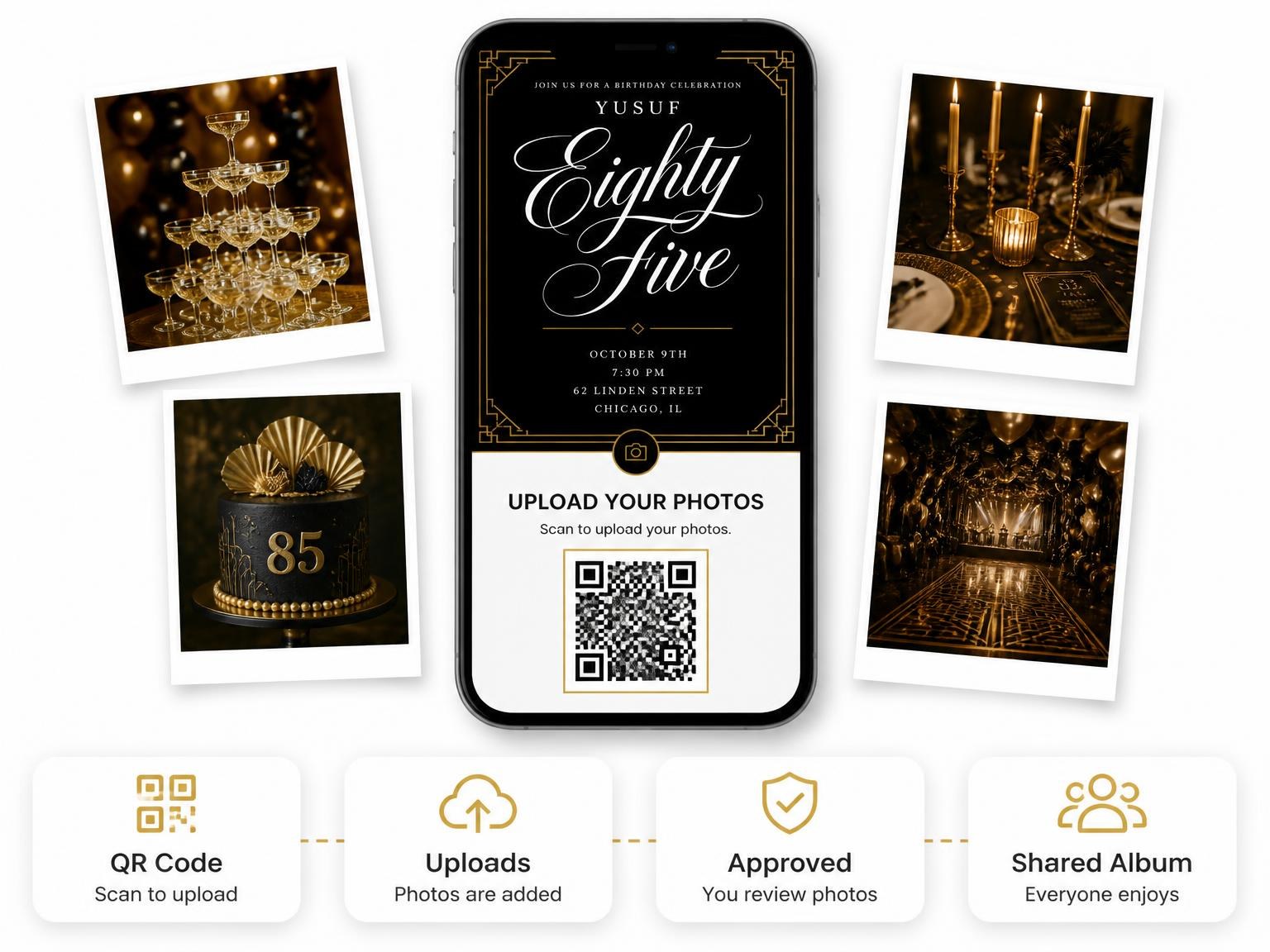 The shared photo gallery that comes with the Art Deco 85th Birthday Invitation invitation