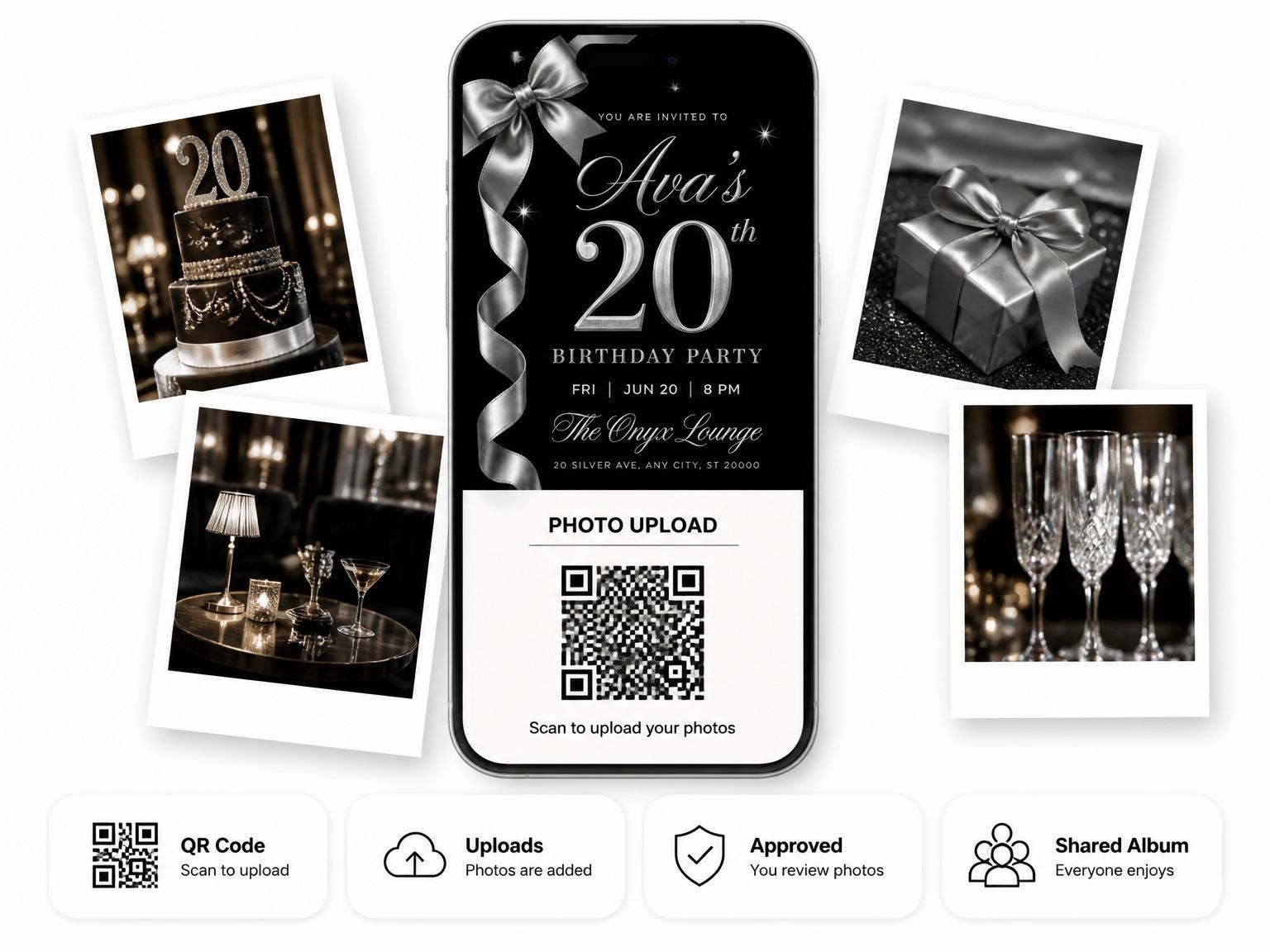 The shared photo gallery that comes with the Silver Ribbon Black 20th Birthday Invitation invitation