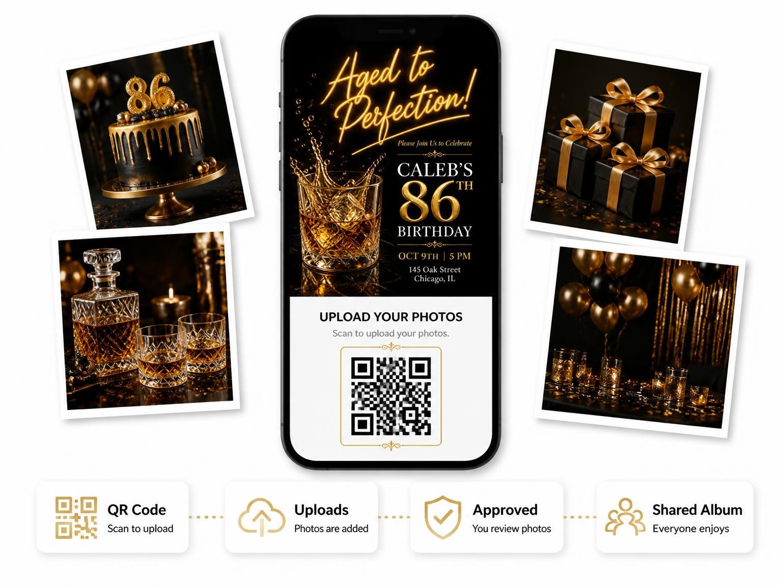 The shared photo gallery that comes with the Whiskey Glass 86th Birthday Invitation invitation