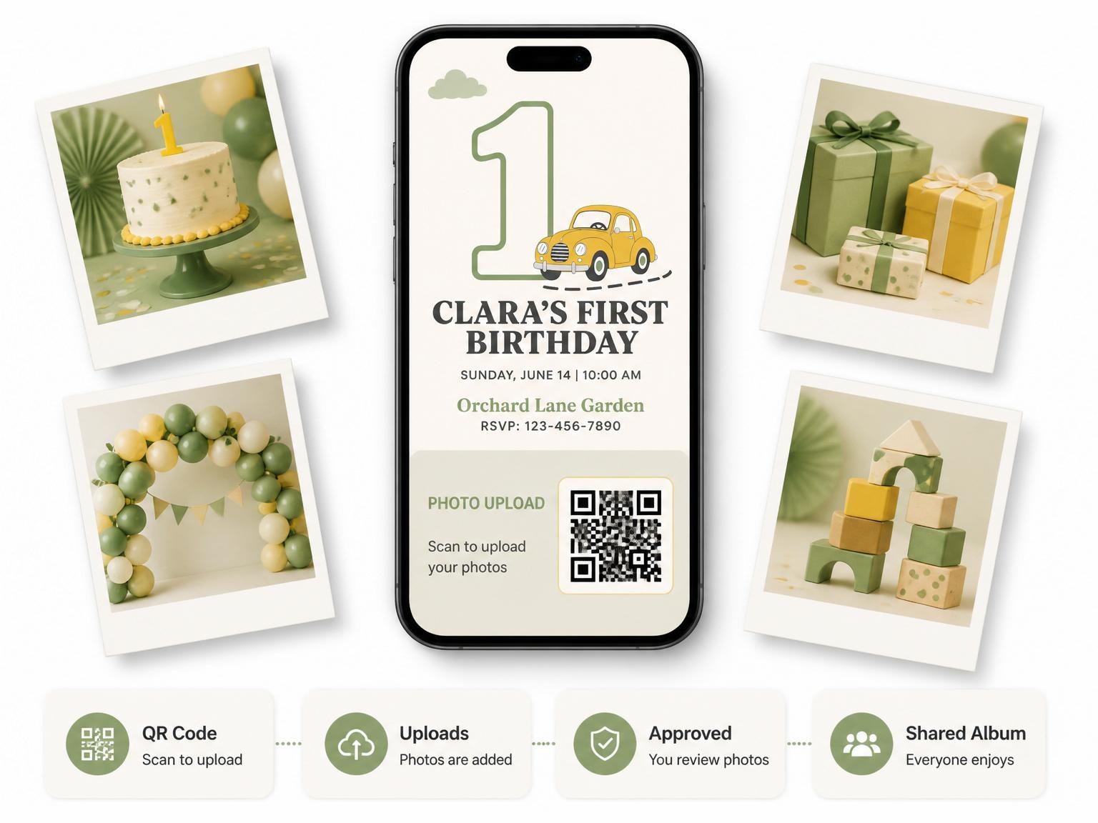 The shared photo gallery that comes with the Retro Yellow Car First Birthday invitation