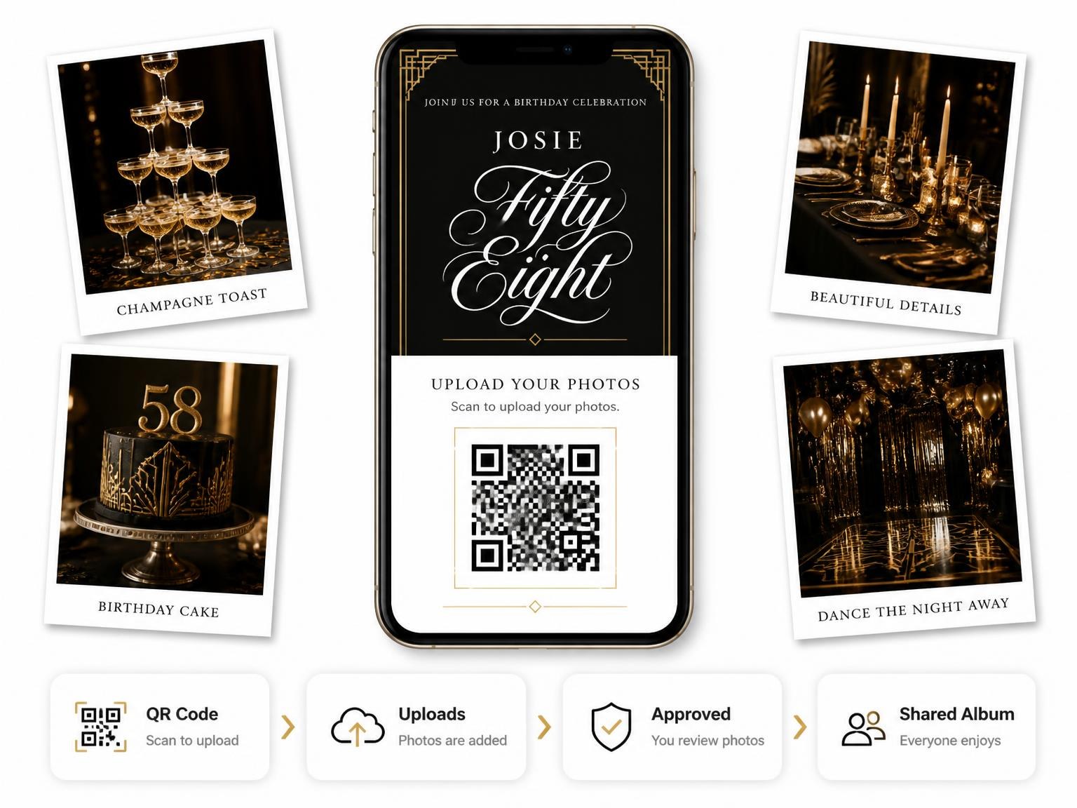 The shared photo gallery that comes with the Art Deco 58th Birthday Invitation invitation