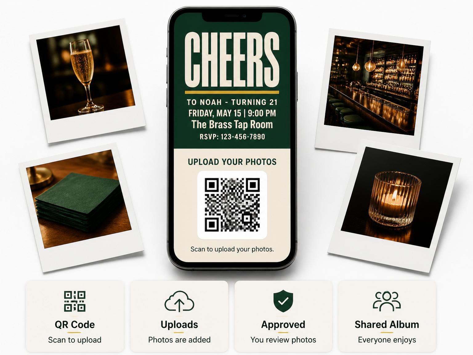 The shared photo gallery that comes with the Forest Green Gold Milestone Birthday invitation