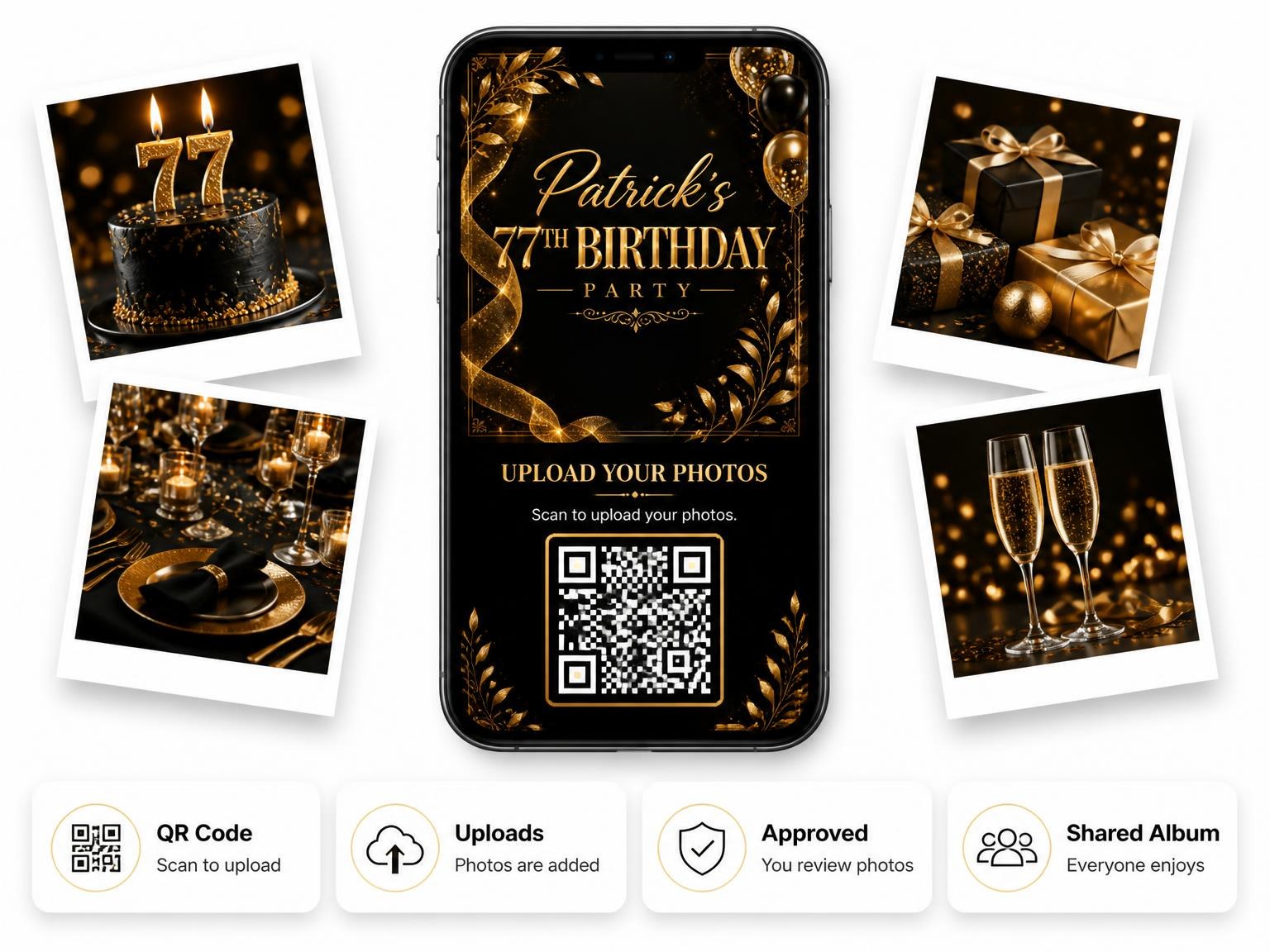 The shared photo gallery that comes with the Black and Gold 77th Birthday Invitation invitation