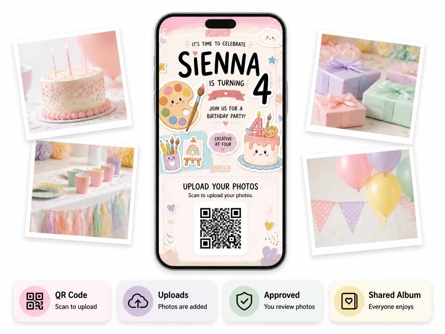 The shared photo gallery that comes with the Paint Palette Pastel 4th Birthday Invitation invitation