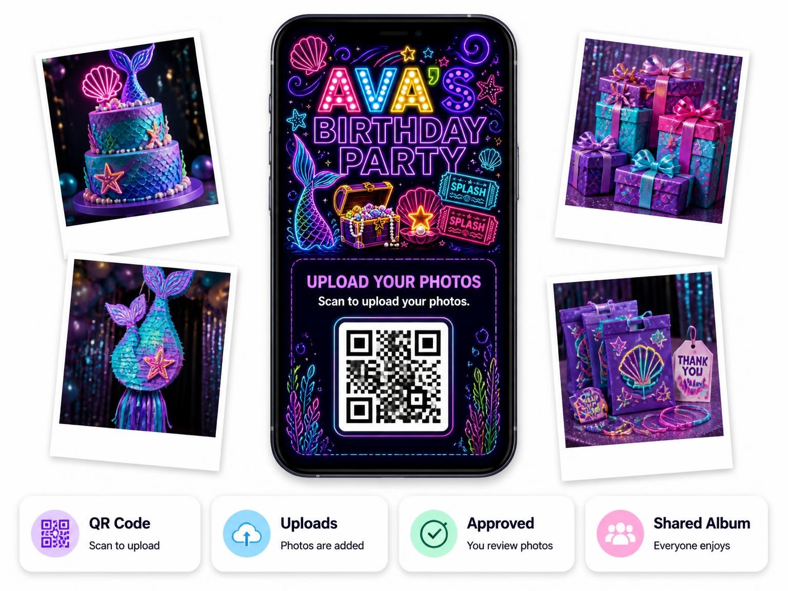 The shared photo gallery that comes with the Neon Mermaid 11th Birthday Invitation invitation