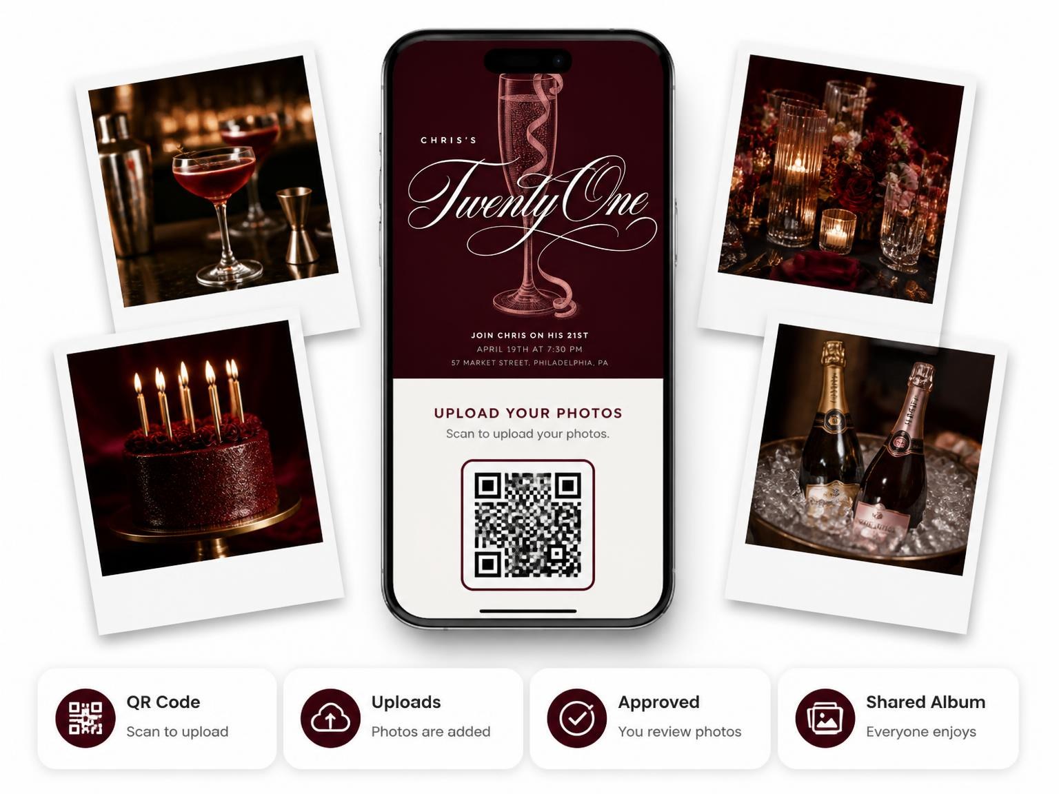 The shared photo gallery that comes with the Burgundy Cocktail 21st Birthday Invitation invitation