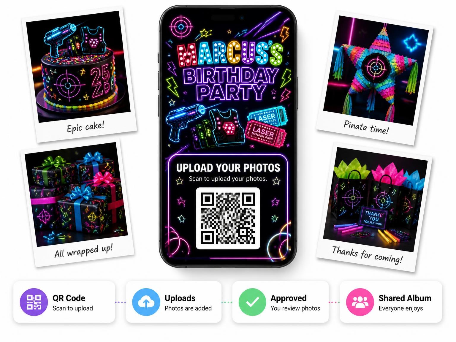The shared photo gallery that comes with the Neon Laser Tag 25th Birthday Invitation invitation