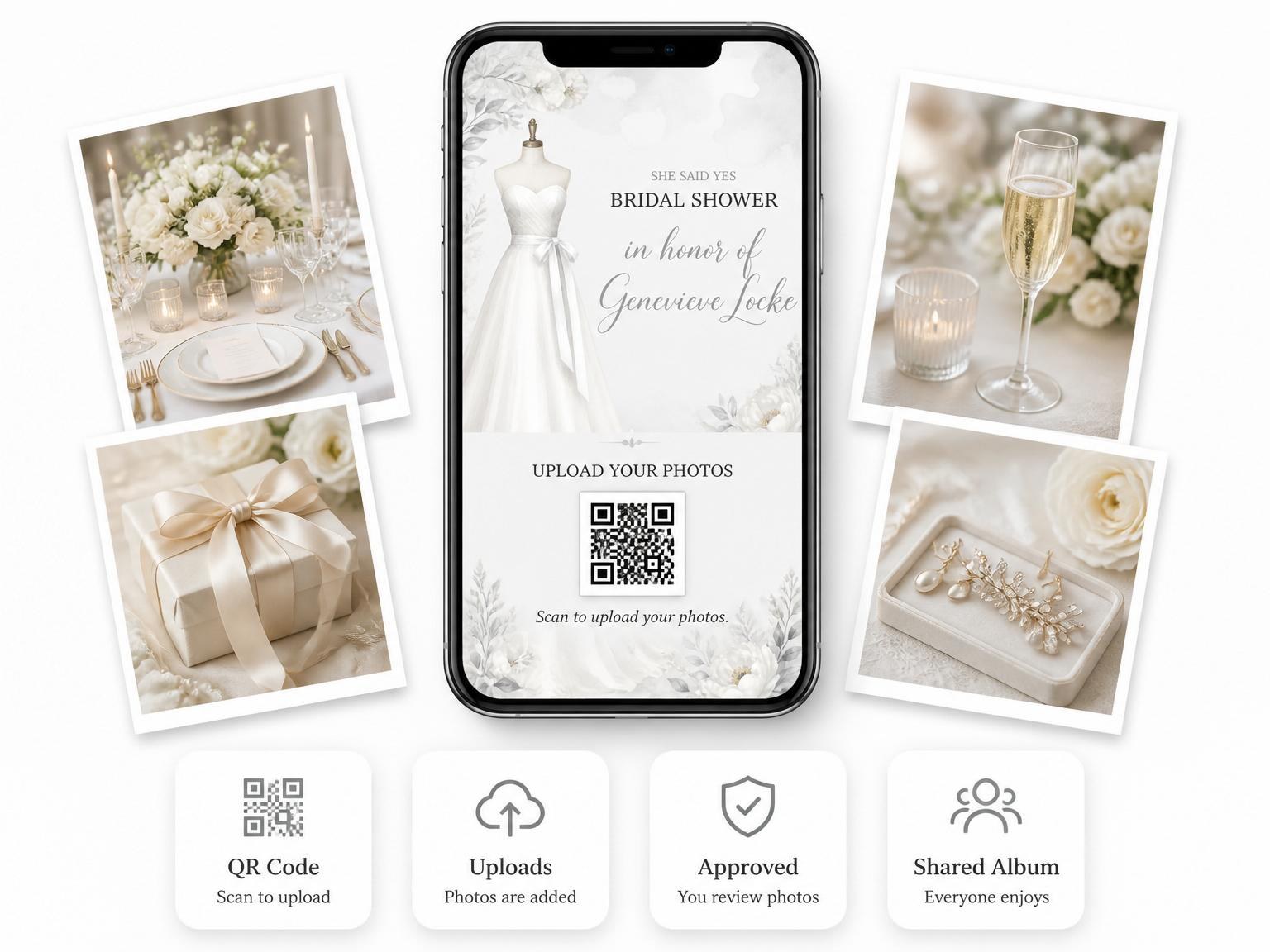 The shared photo gallery that comes with the Grey Watercolor Mannequin Bridal Shower invitation