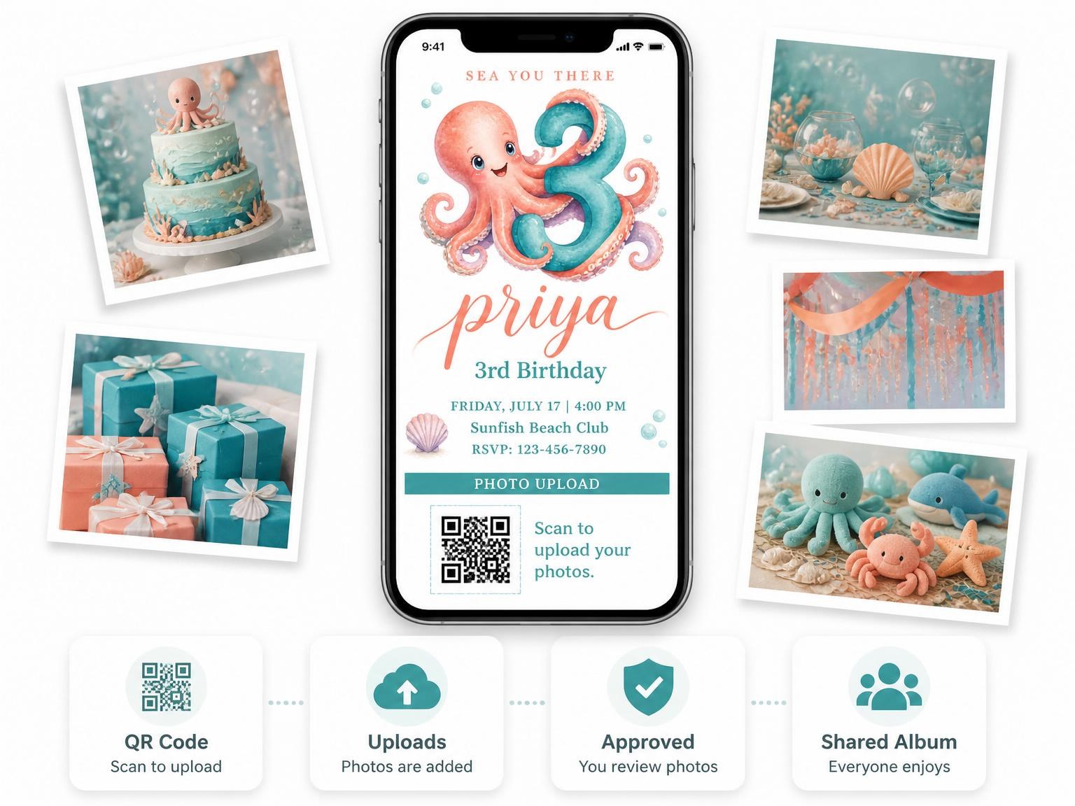 The shared photo gallery that comes with the Watercolor Octopus Nautical 3rd Birthday invitation