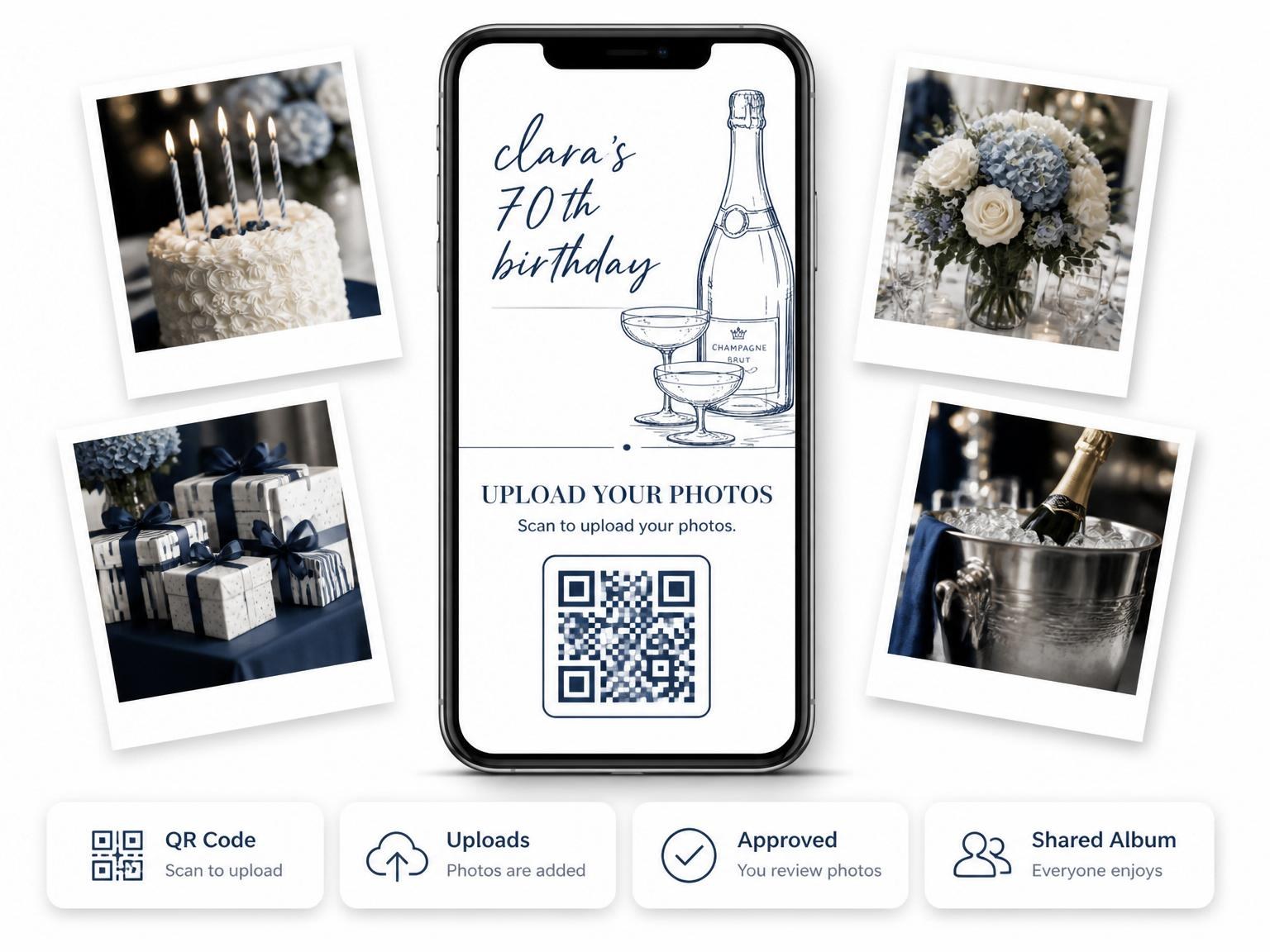 The shared photo gallery that comes with the Navy Ink Champagne Birthday Invitation invitation