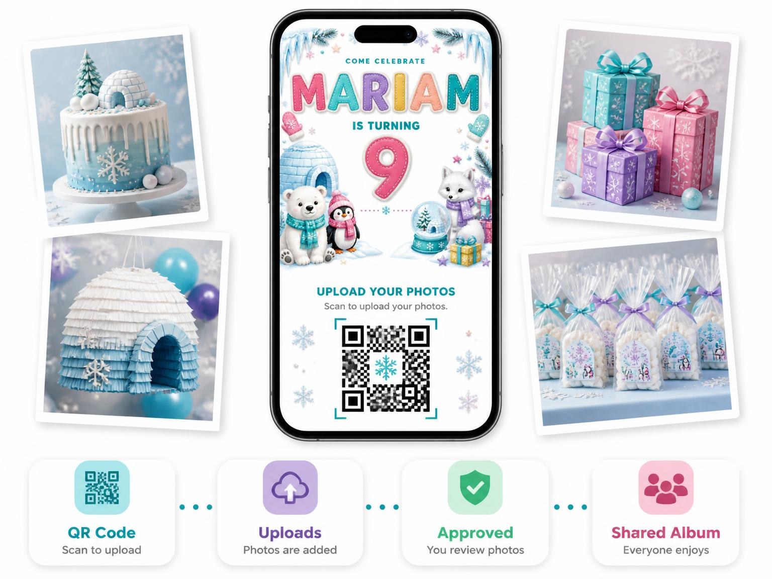 The shared photo gallery that comes with the Stitched Winter Polar 9th Birthday Invitation invitation
