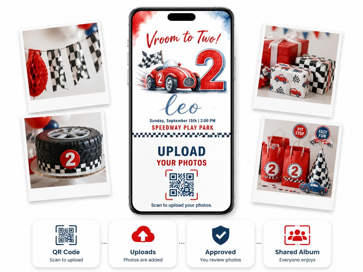 The shared photo gallery that comes with the Red Watercolor Race Car 2nd Birthday invitation