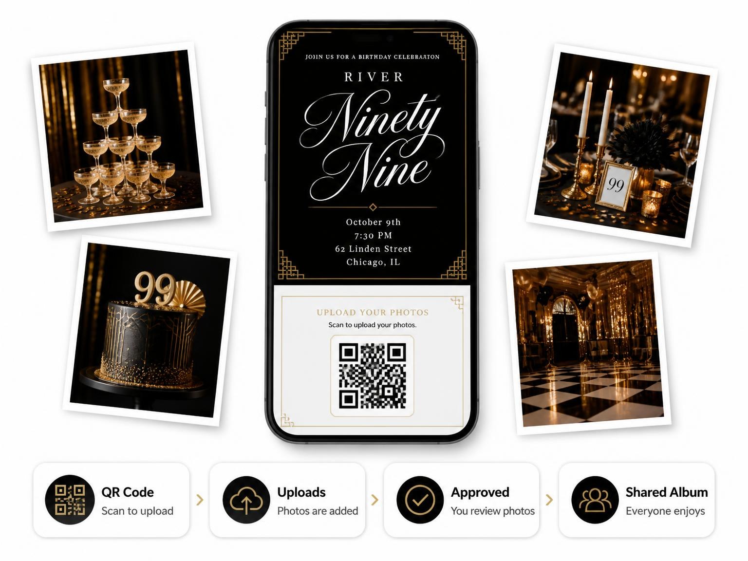 The shared photo gallery that comes with the Art Deco 99th Birthday Invitation invitation