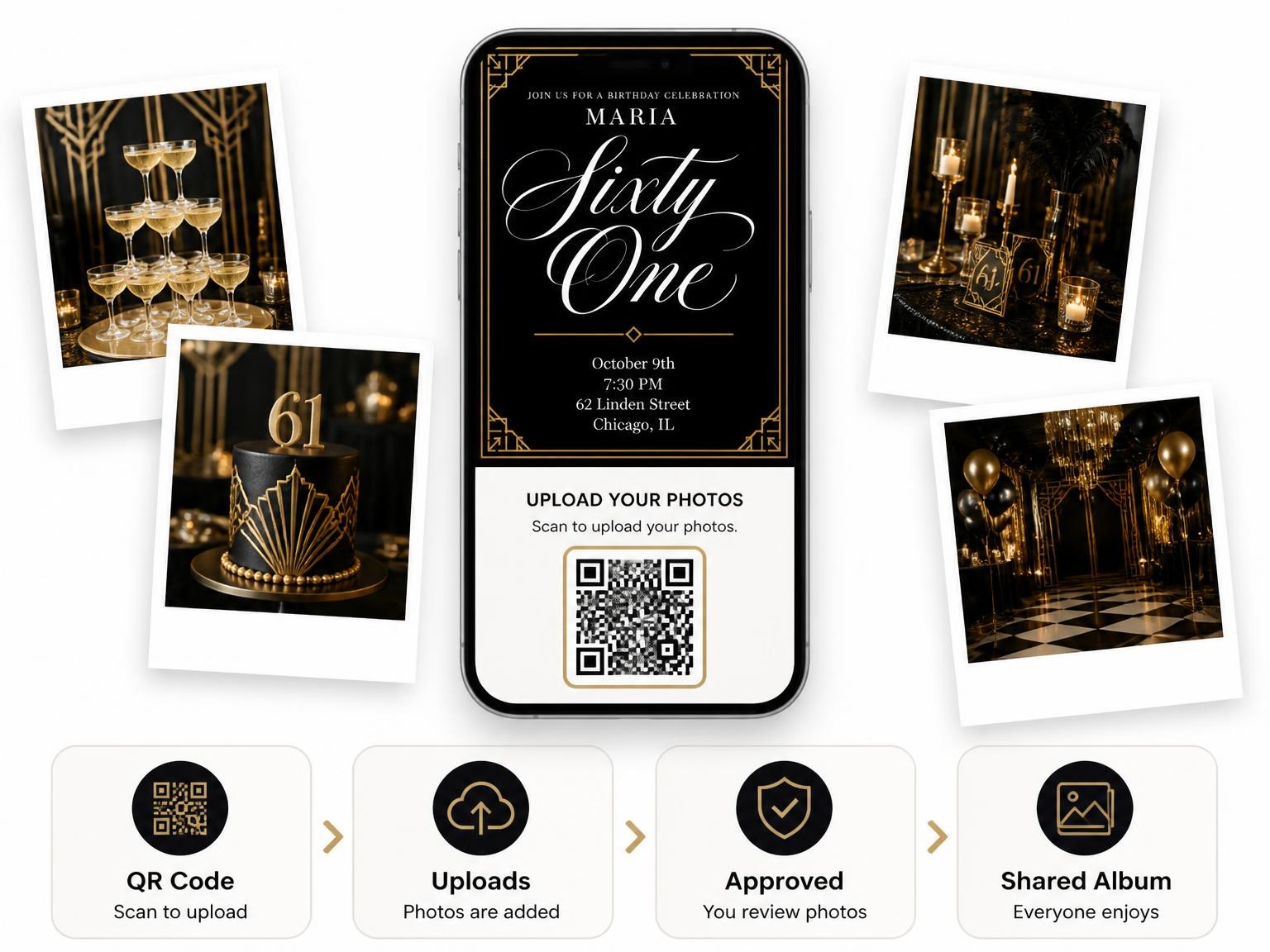 The shared photo gallery that comes with the Art Deco 61st Birthday Invitation invitation