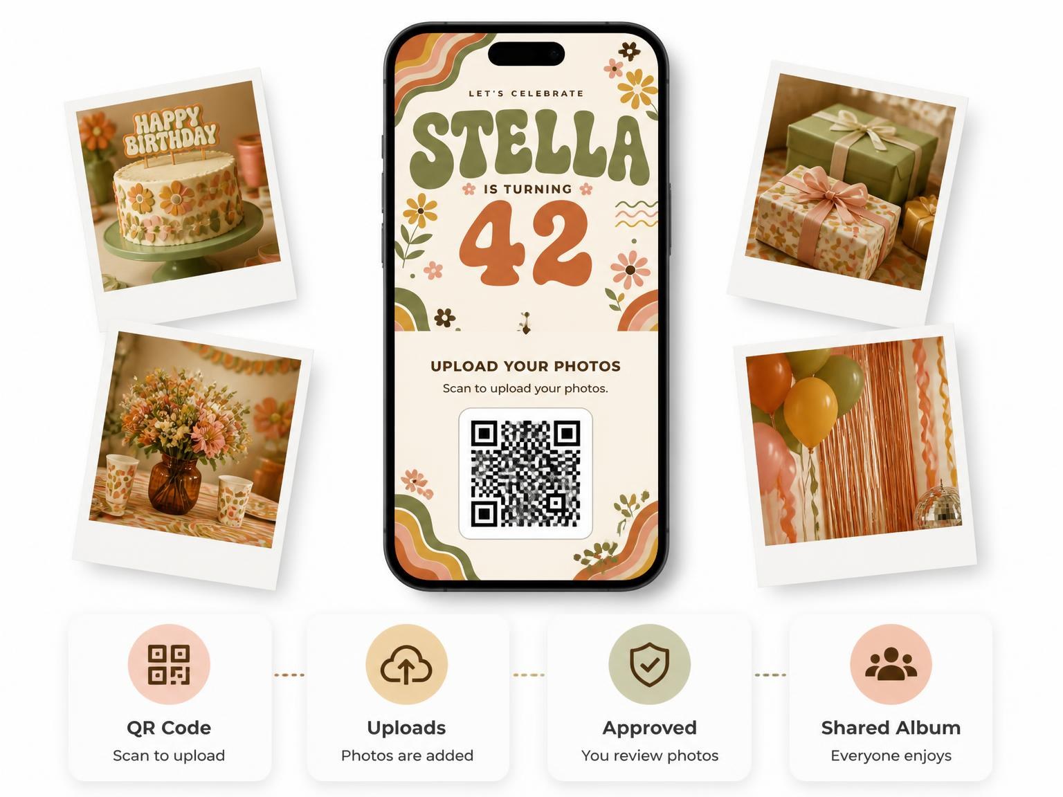 The shared photo gallery that comes with the Groovy Retro 42nd Birthday Invitation invitation