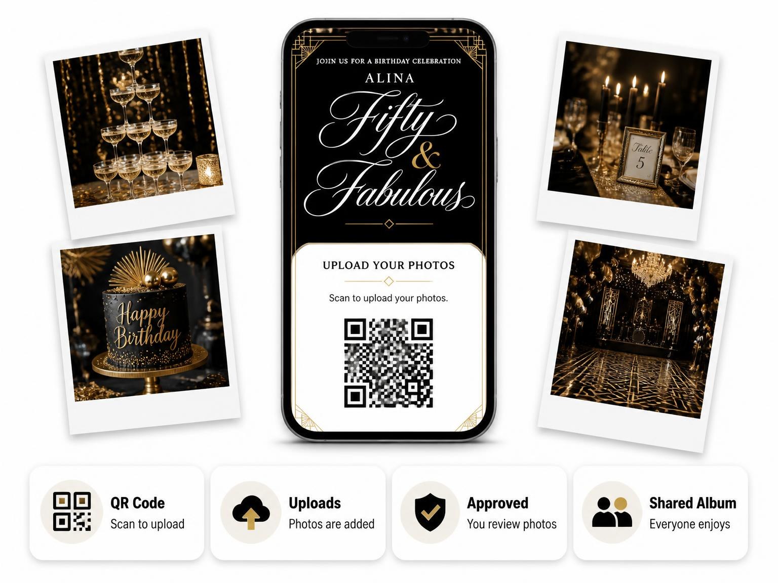 The shared photo gallery that comes with the Art Deco 50th Birthday Invitation invitation