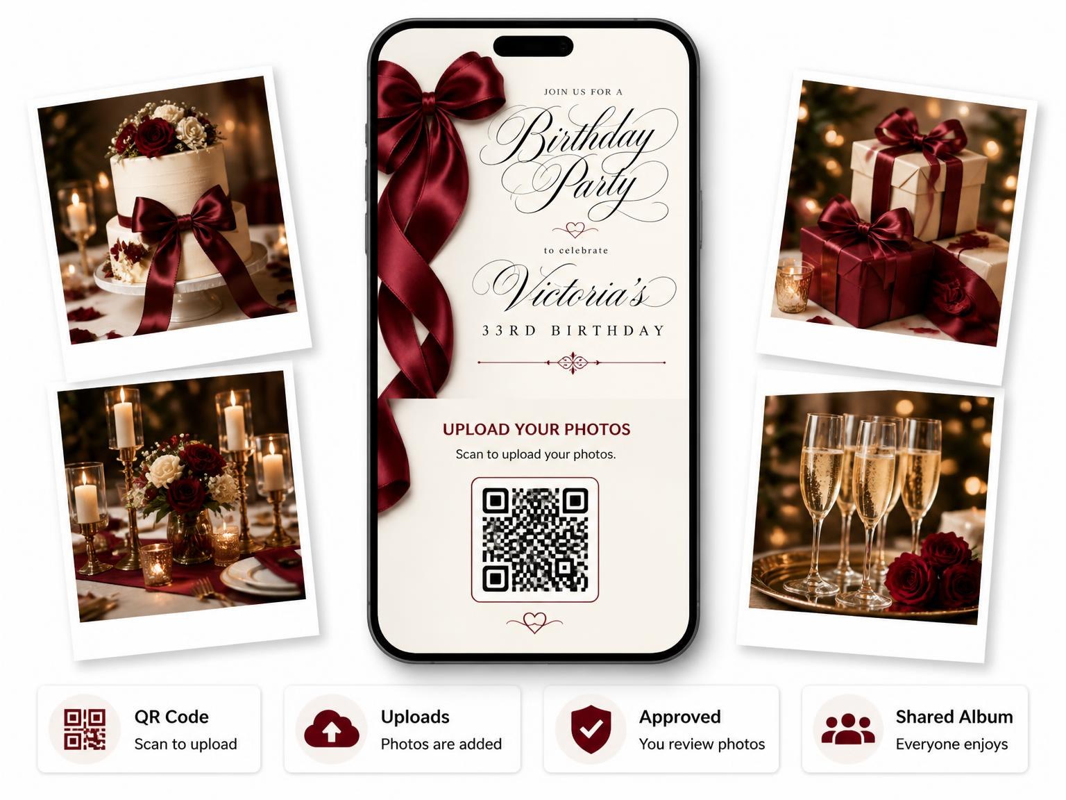The shared photo gallery that comes with the Burgundy Satin Bow 33rd Birthday Invitation invitation