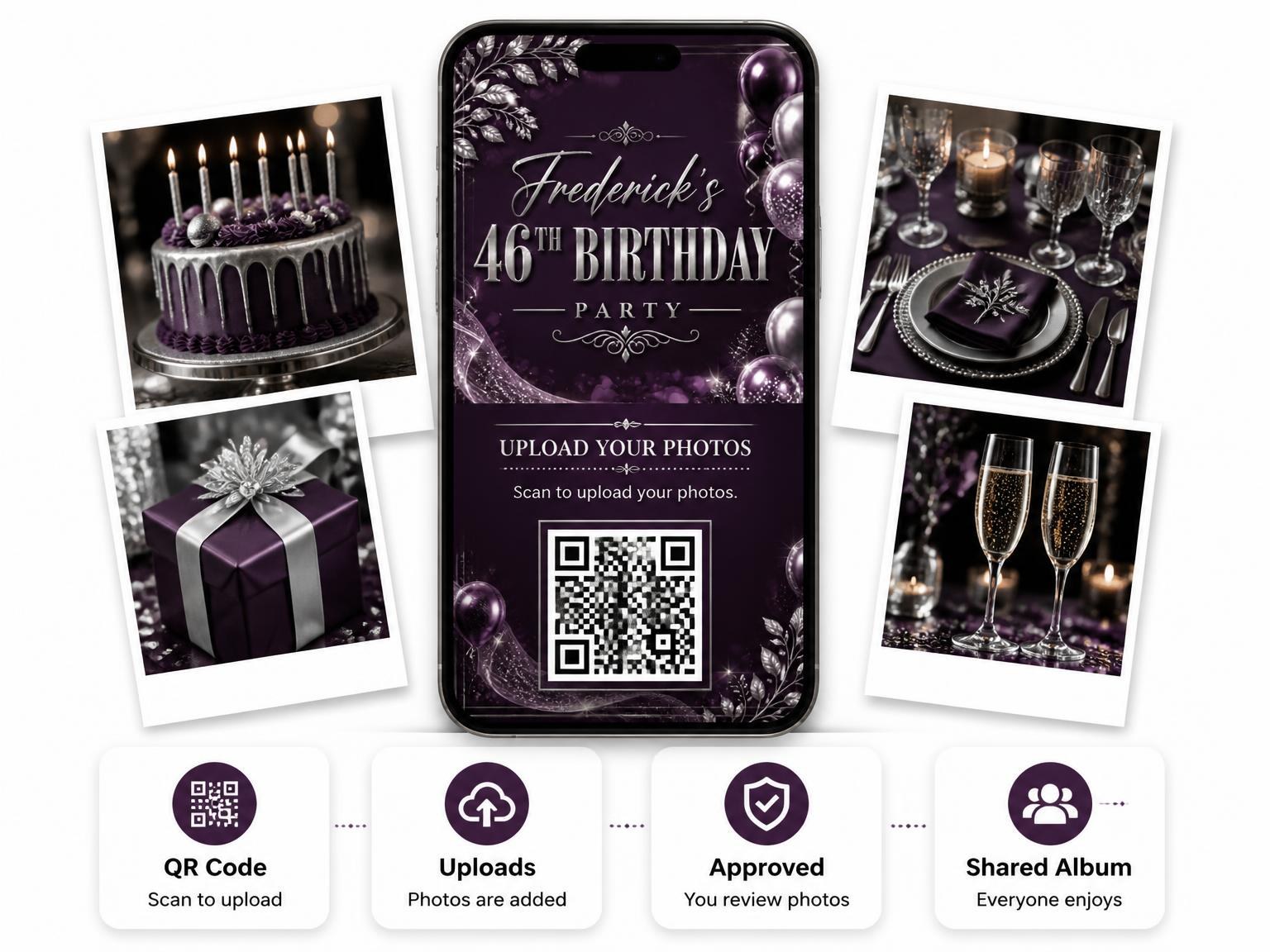 The shared photo gallery that comes with the Plum and Silver 46th Birthday Invitation invitation