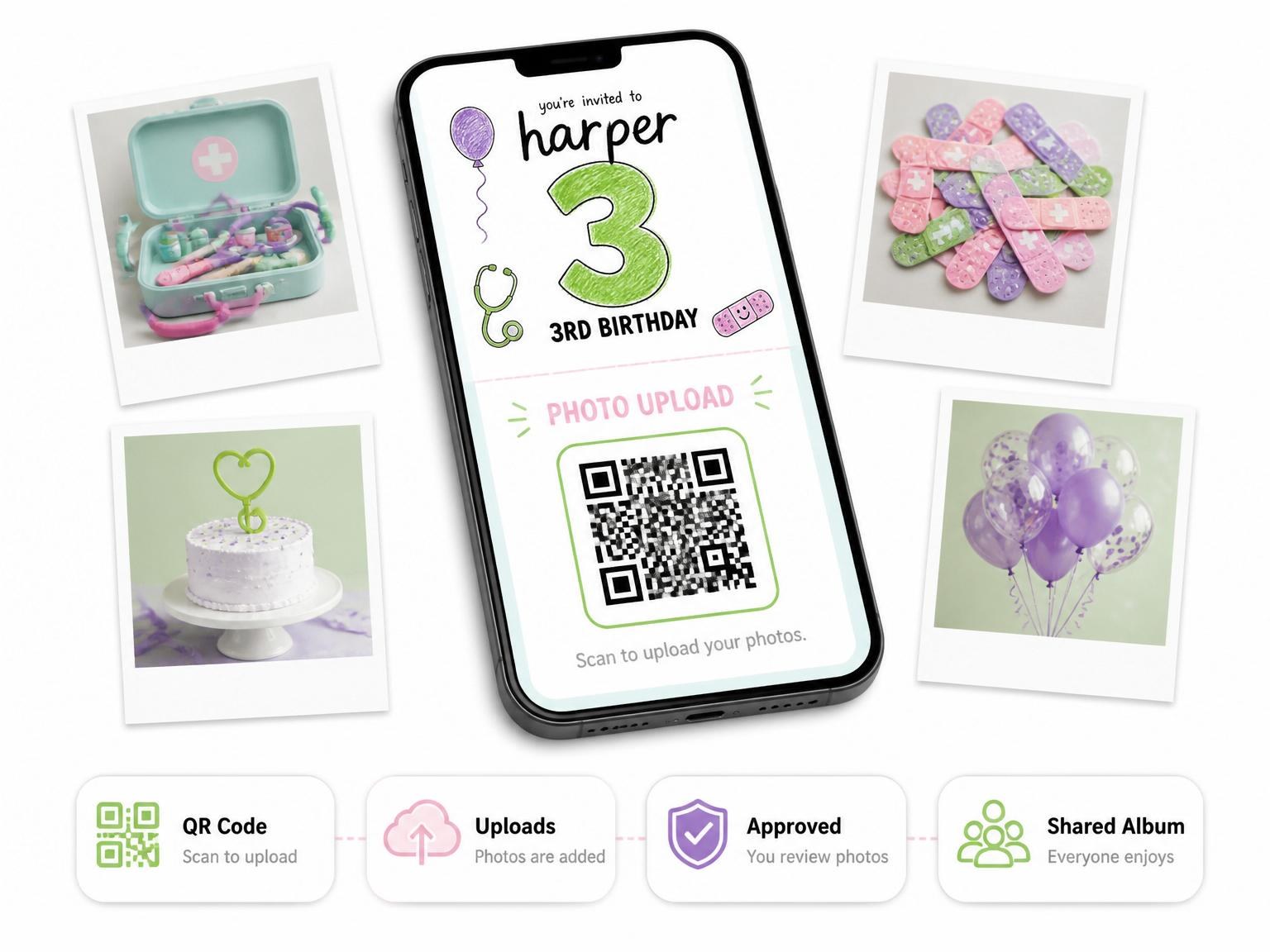 The shared photo gallery that comes with the Crayon Medical Motif 3rd Birthday Invitation invitation