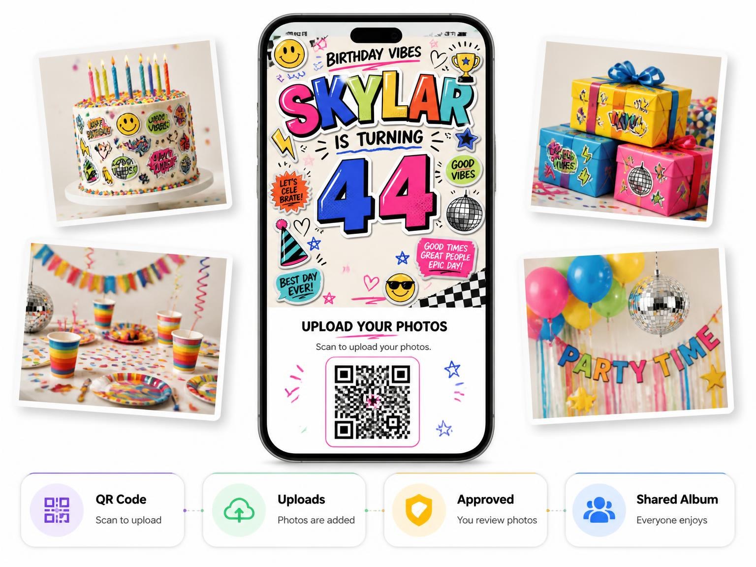 The shared photo gallery that comes with the Sticker Pop 44th Birthday Invitation invitation