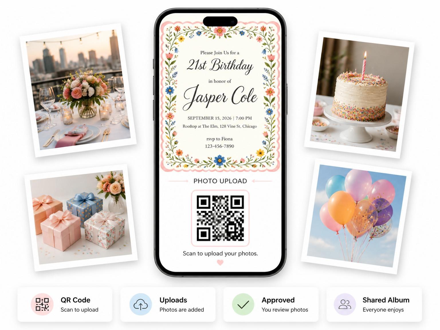 The shared photo gallery that comes with the Cream Wildflower Folk-Art 21st Birthday invitation