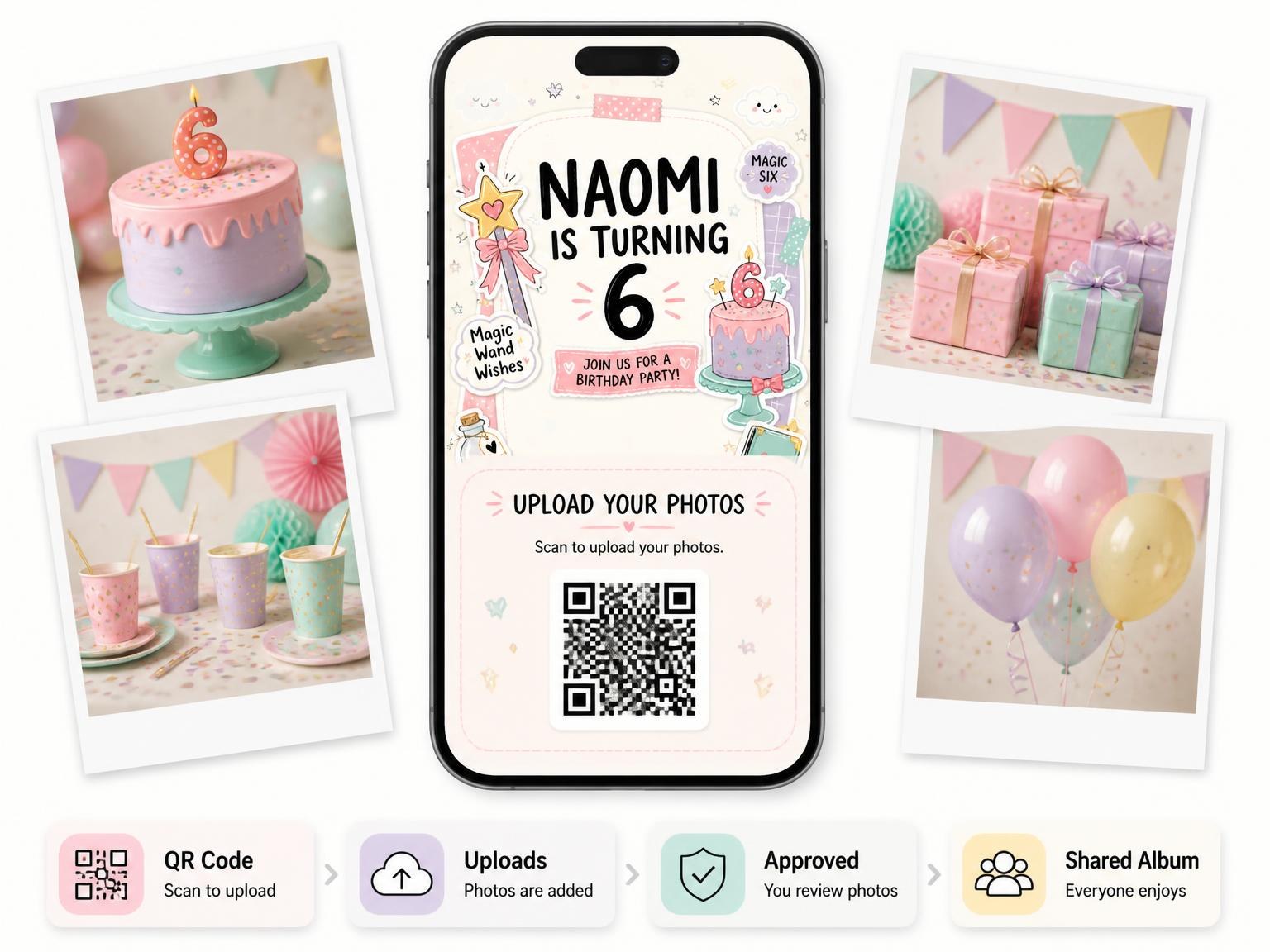 The shared photo gallery that comes with the Star Wand Pastel 6th Birthday Invitation invitation