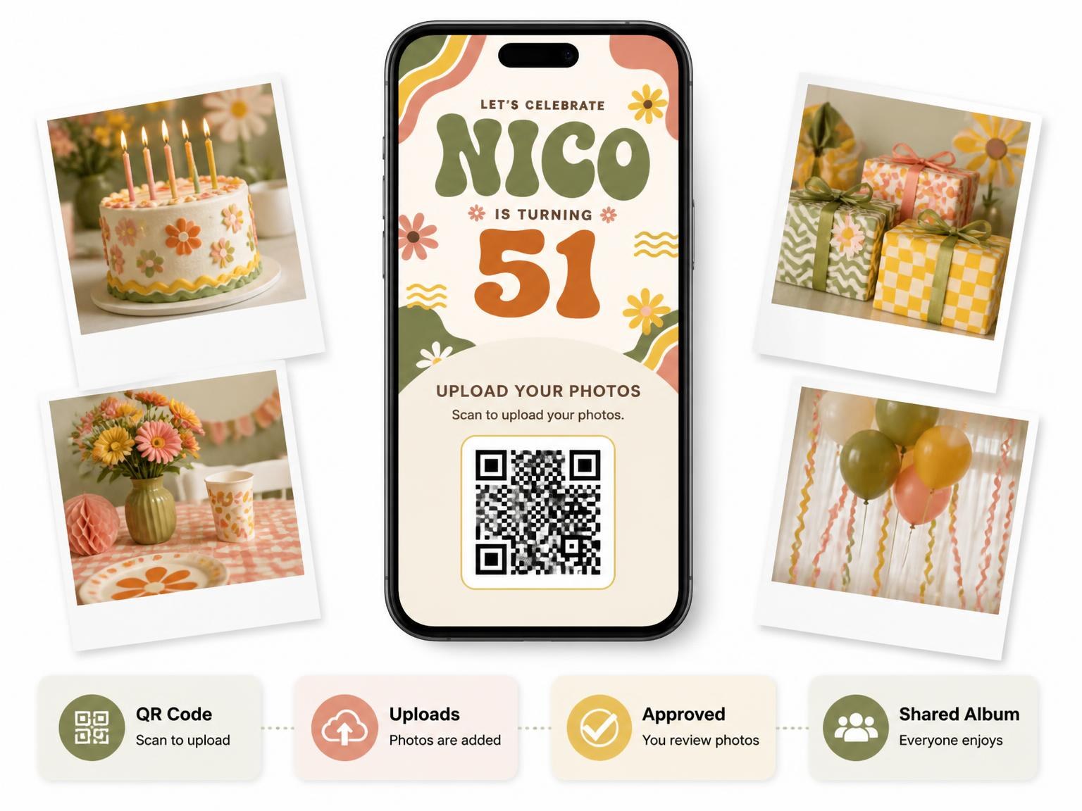 The shared photo gallery that comes with the Groovy Retro 51st Birthday Invitation invitation