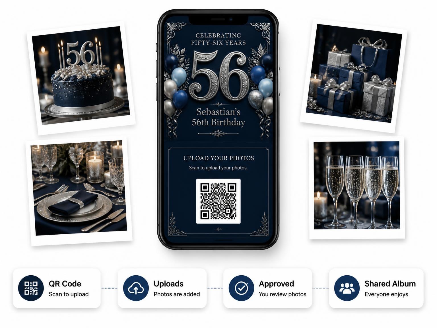 The shared photo gallery that comes with the Navy and Silver 56th Birthday Invitation invitation